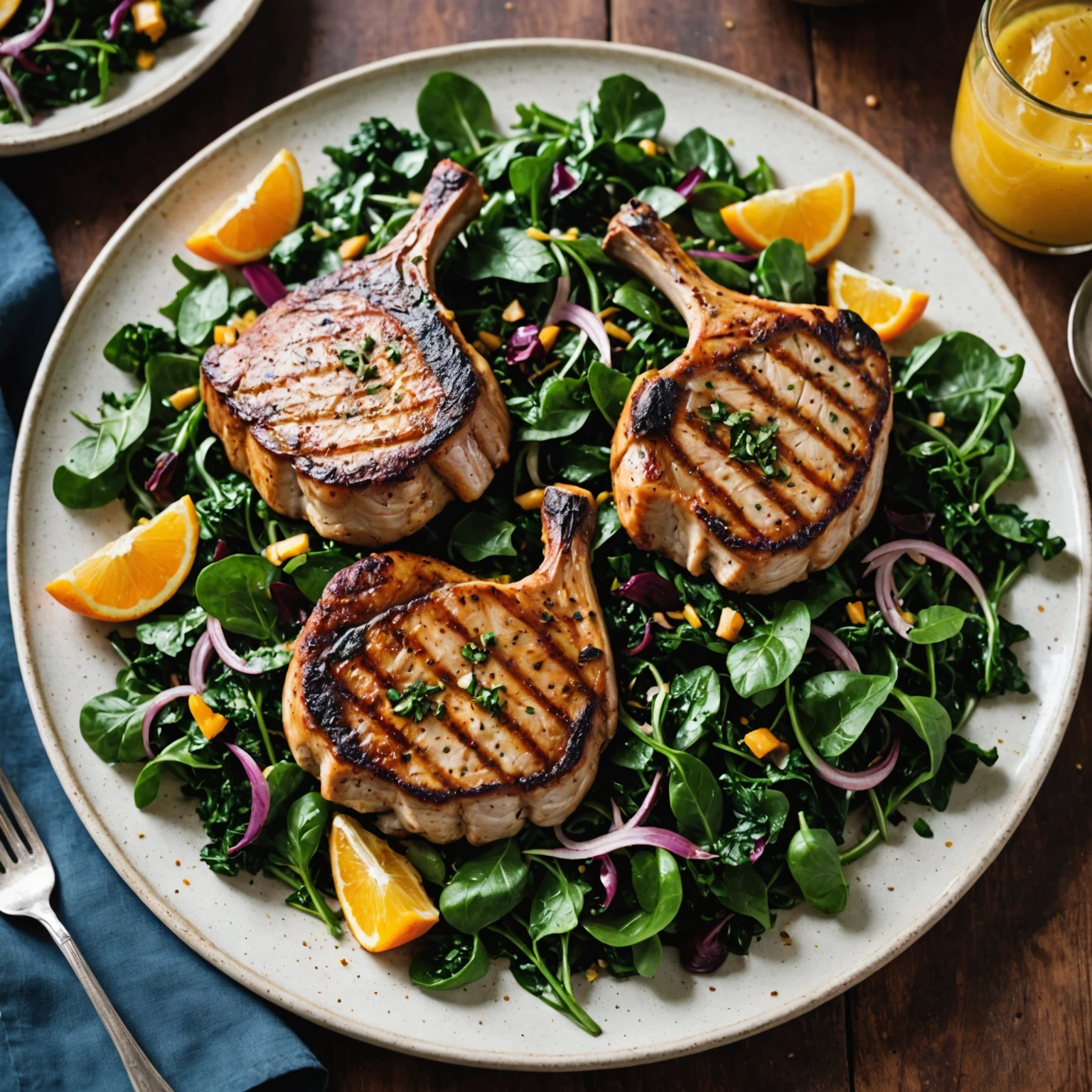 Spiced Orange and Fennel Grilled Pork Chops with Wilted Greens