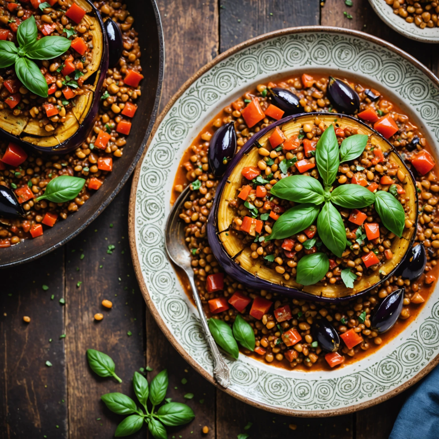 Savory Mediterranean Baked Eggplant with Lentil-Tomato Ragu