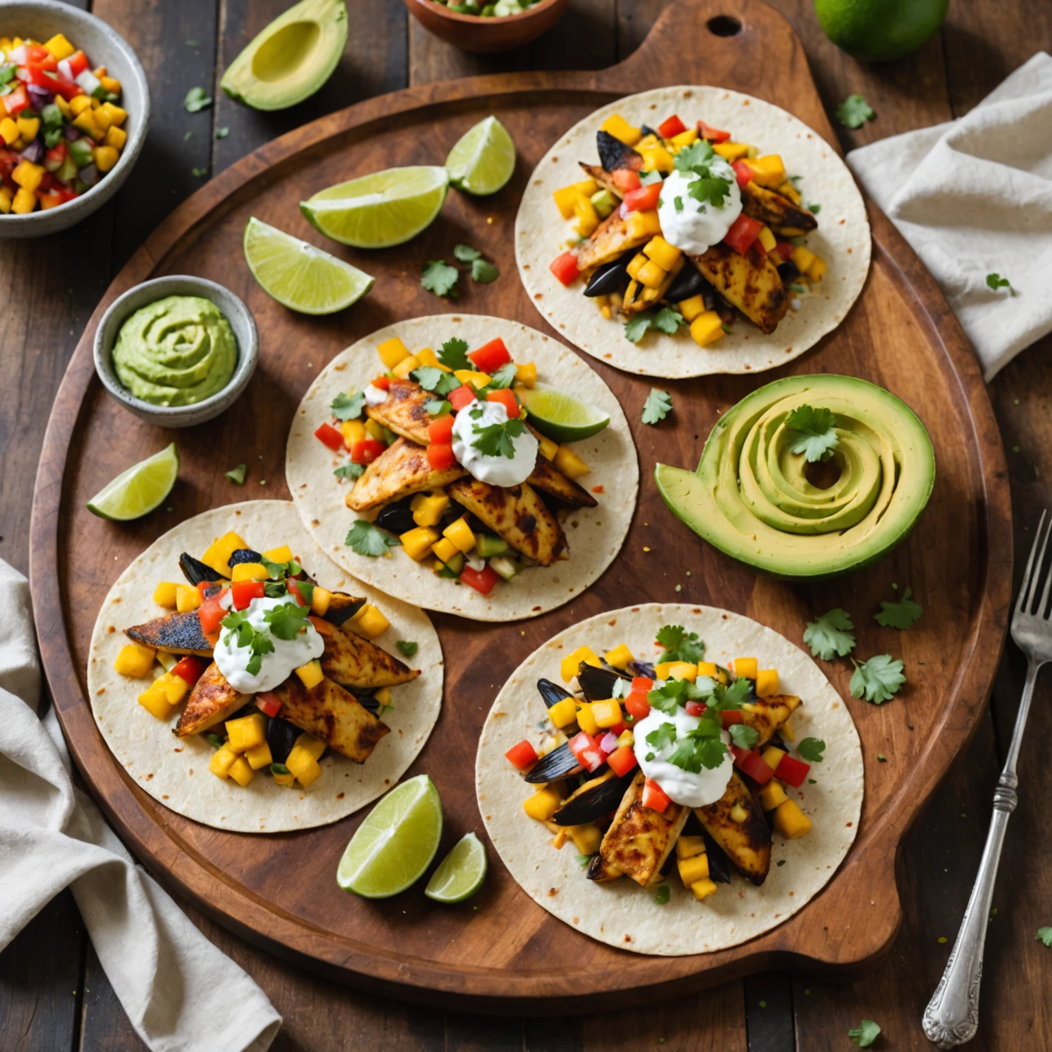 Spicy Mango and Blackened Tilapia Tacos with Avocado Crema