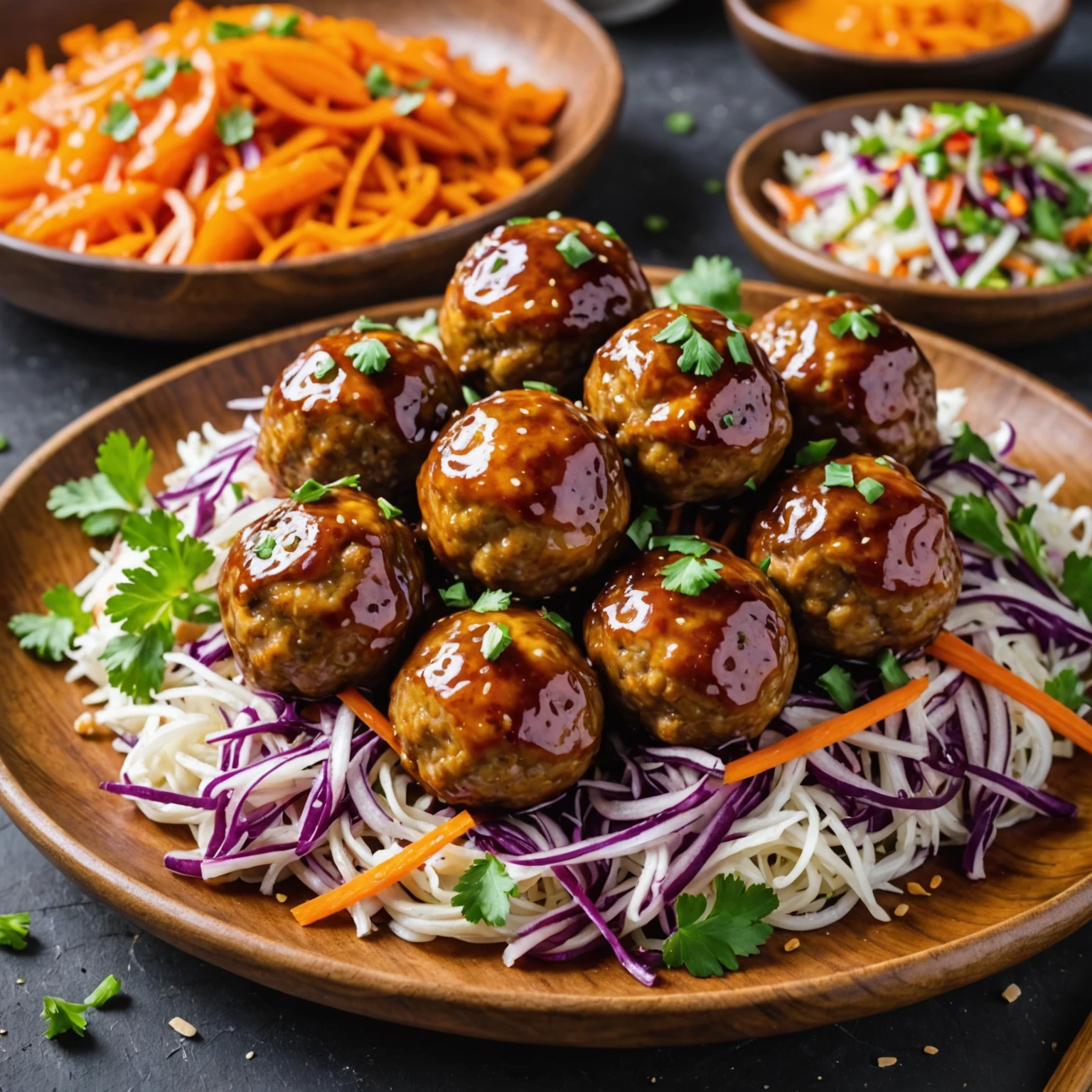 Orange Ginger Glazed Pork Meatballs with Asian Slaw