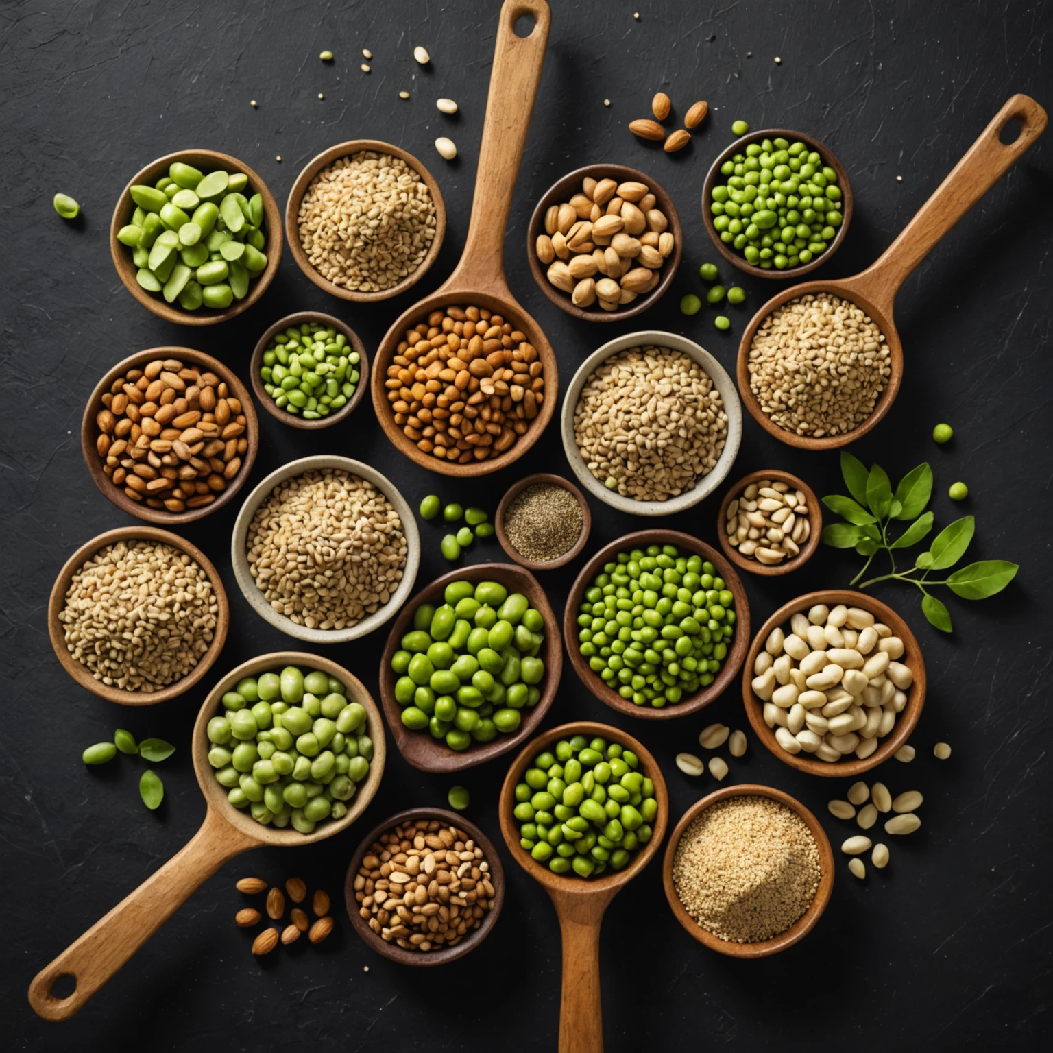 Close-up of diverse high-protein plant ingredients like lentils, hemp seeds, tofu, and edamame on a dark surface.