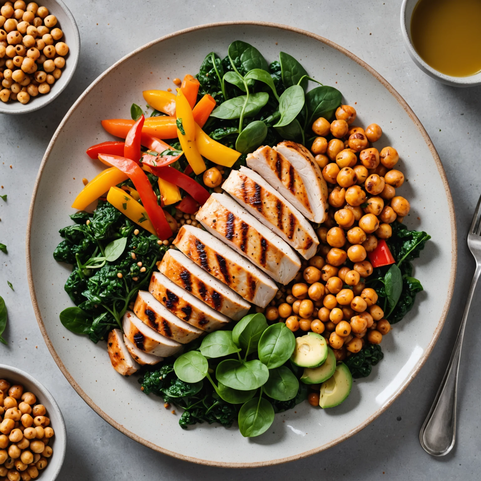 Balanced high-protein meal plate with chicken, quinoa, roasted chickpeas, colorful vegetables, and avocado prepared for optimal nutrition