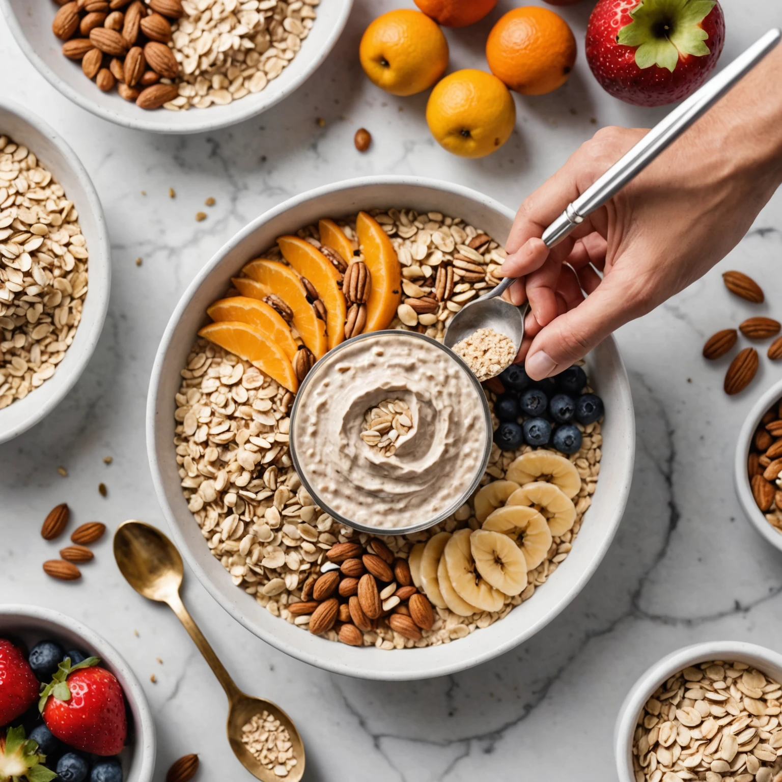 Close-up of athlete preparing high-protein meal ingredients with protein powder, nut butter, oatmeal, fresh fruits, and nuts on counter