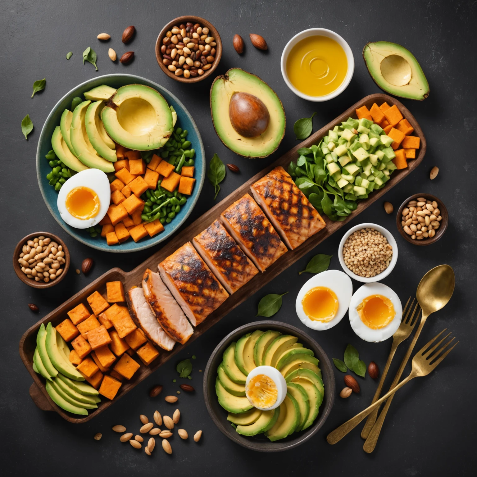 Split-frame image displaying balanced macronutrients: proteins, carbohydrates, and healthy fats for optimal nutrition