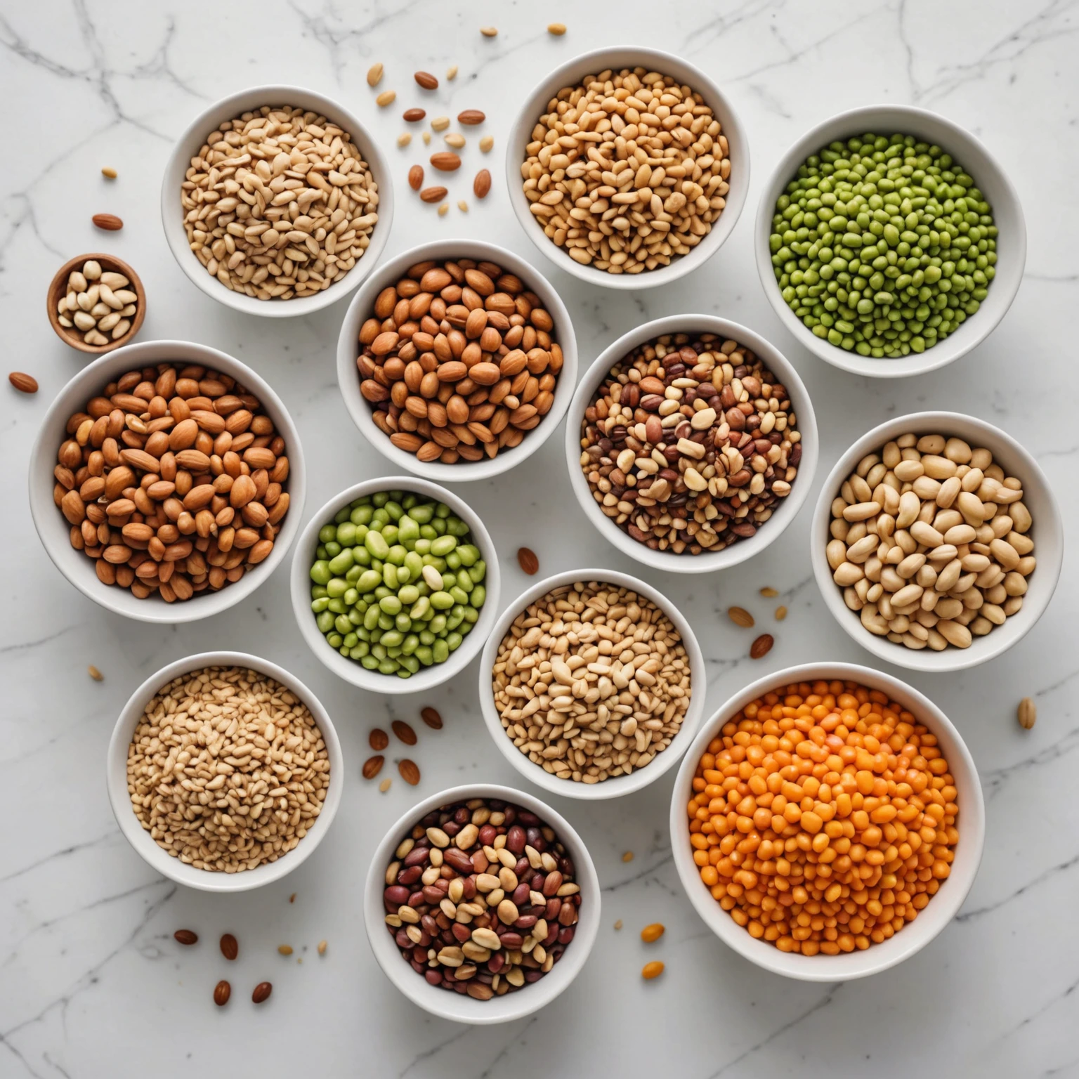 Close-up of assorted fiber-rich foods on a white surface, showcasing natural ingredients essential for digestive health and athletic nutrition
