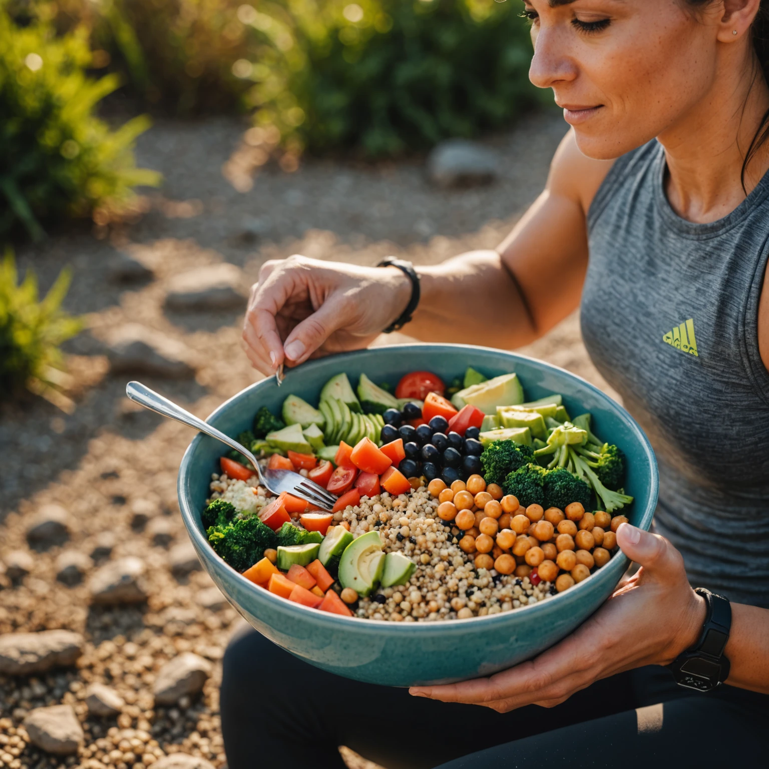 Female athlete enjoying a nutrient-dense pre-workout power bowl outdoors at sunrise