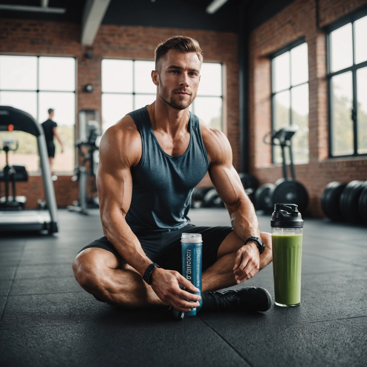 Male athlete stretching post-workout with protein shake and balanced snack highlighting recovery meal timing