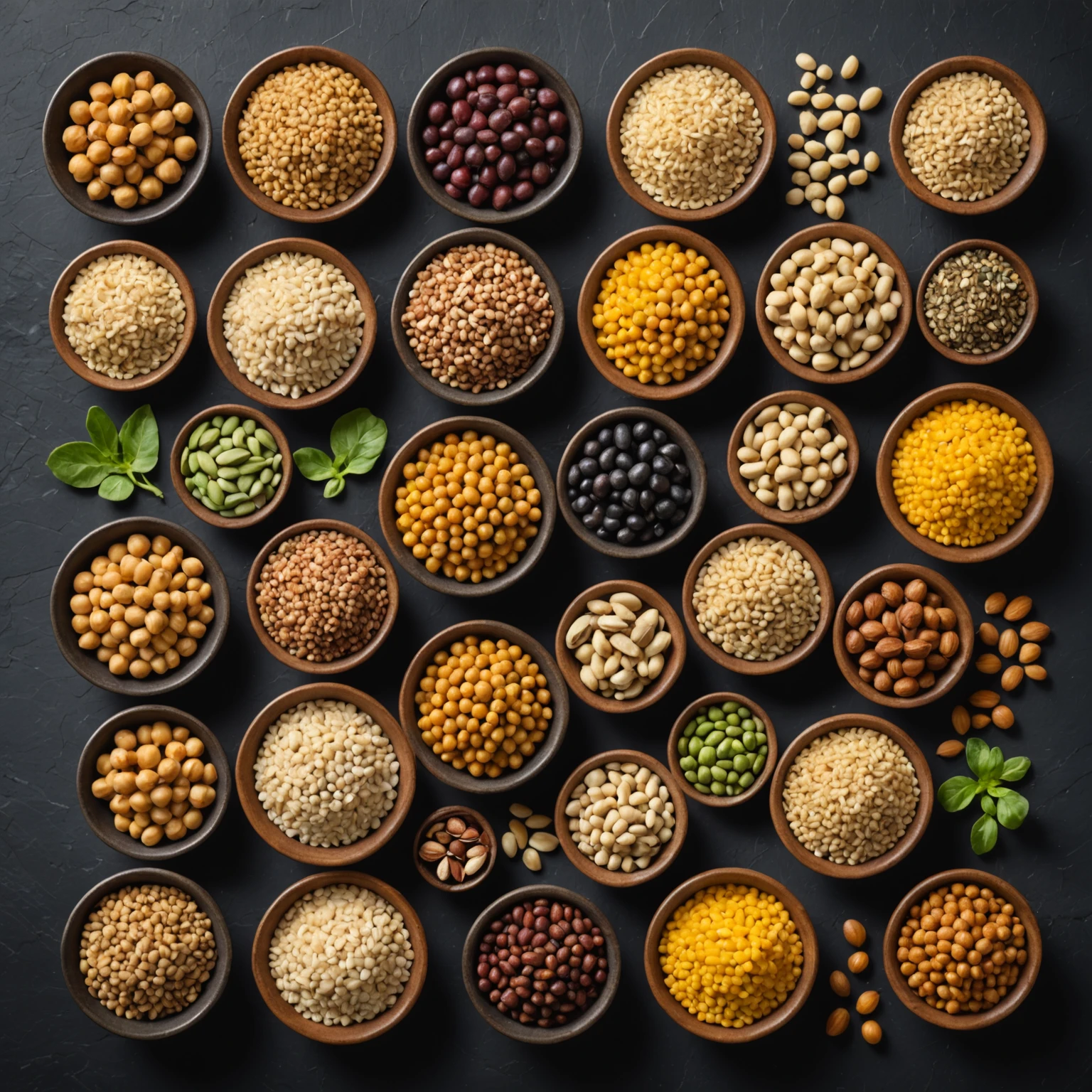 Close-up of an assortment of raw plant-based protein sources on a dark slate background including chickpeas, lentils, quinoa, brown rice, nuts, and seeds