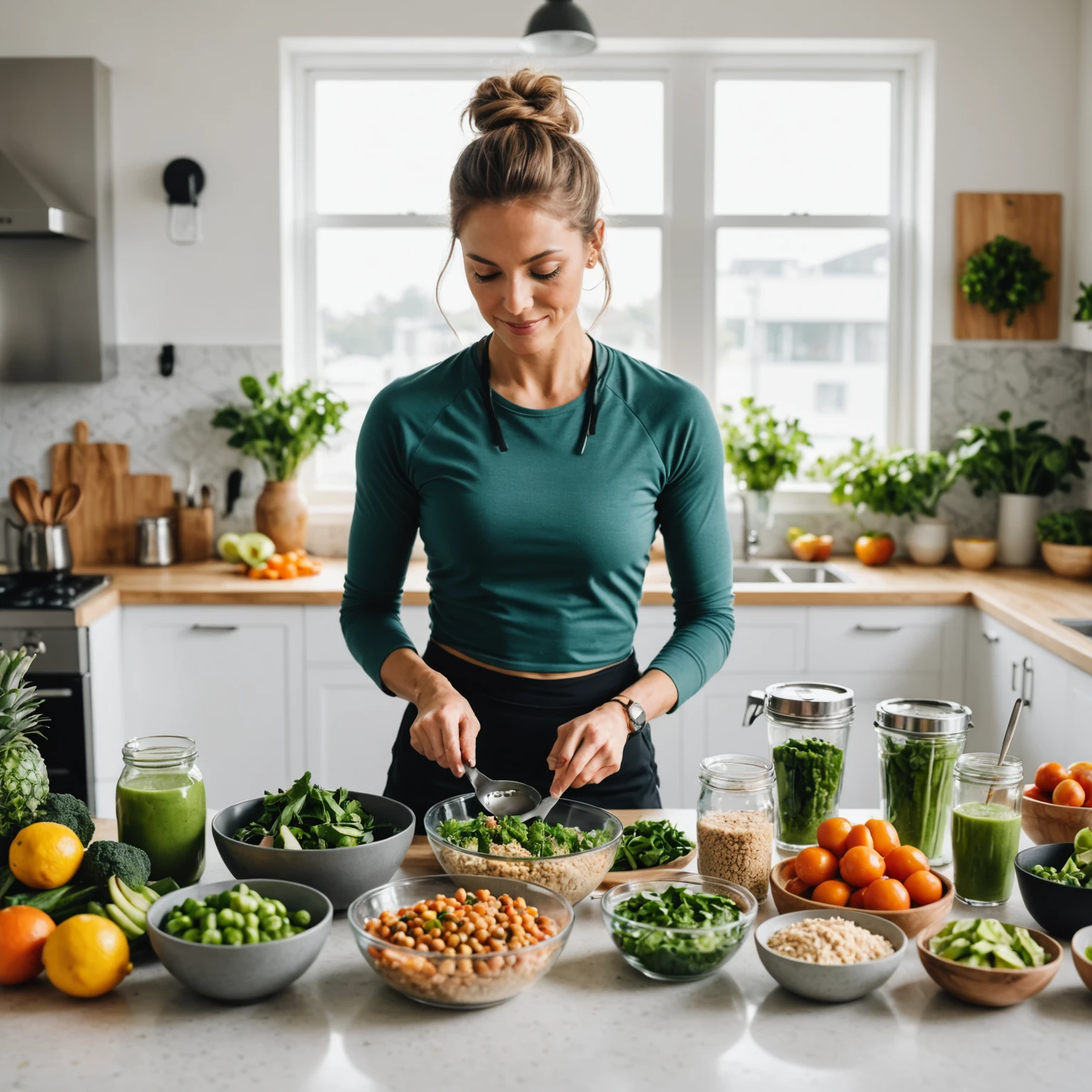 Athletic individual preparing plant-based protein meals including chickpea quinoa bowls and green smoothies in a modern kitchen