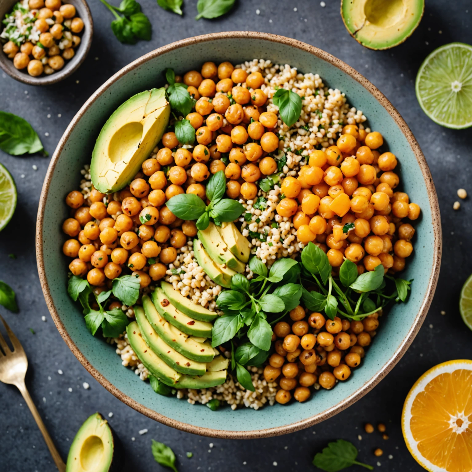 Colorful protein power bowl with quinoa, chickpeas, fresh herbs, citrus zest, and diverse textures on rustic ceramic plate
