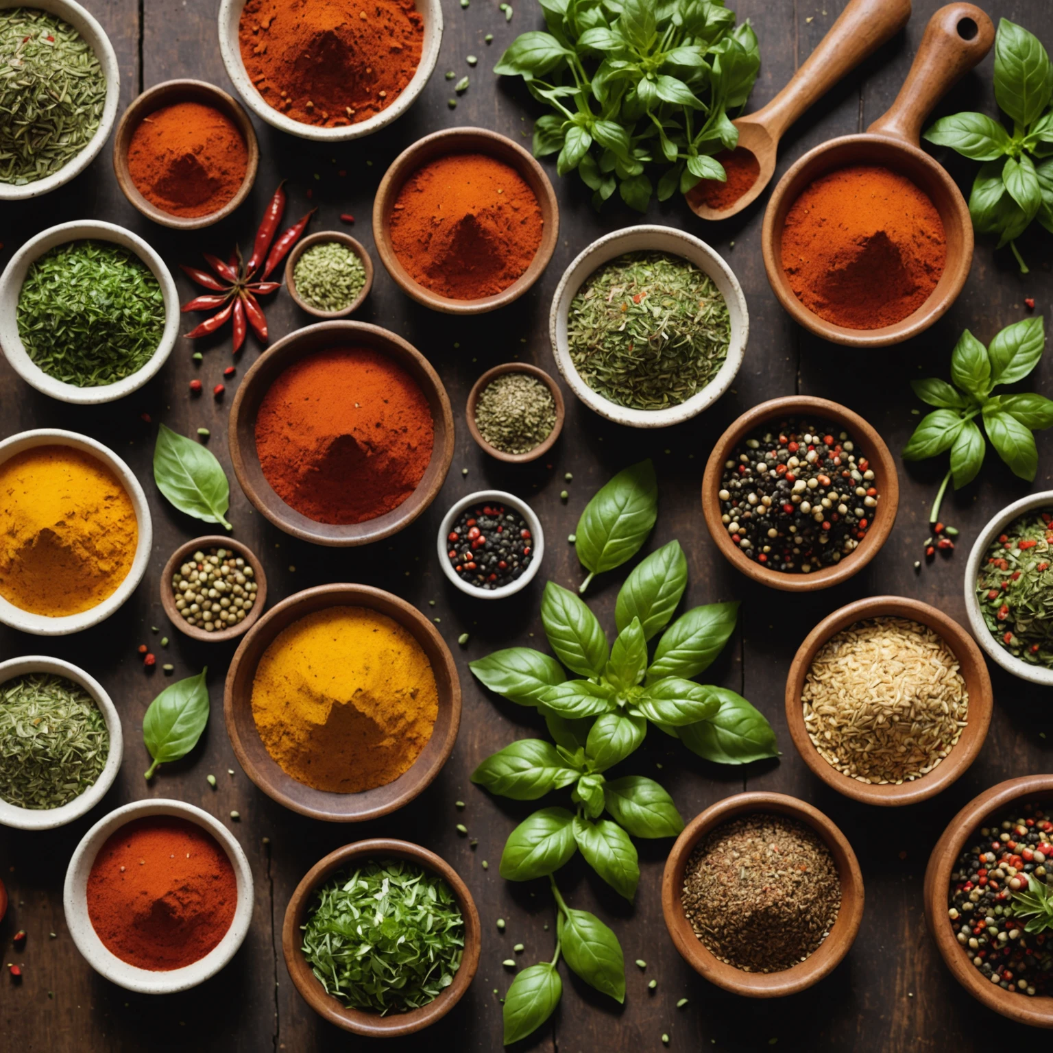 Close-up of vibrant spices and fresh herbs on wooden table with mortar and pestle, emphasizing culinary seasoning