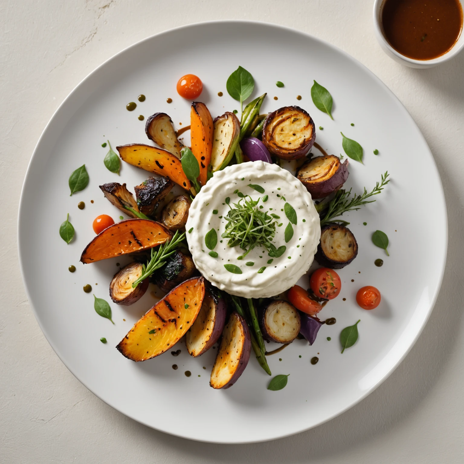 Healthy plated meal with crispy vegetables, tender protein, creamy puree, and cool herb sauce illustrating texture and temperature contrasts