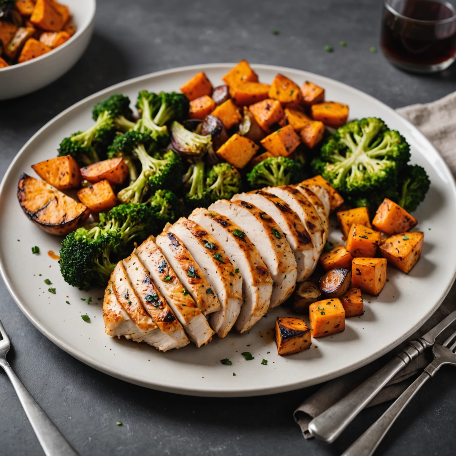 Grilled lemon herb chicken breast with roasted vegetables on a white plate, showcasing a balanced meal with protein and complex carbohydrates for endurance and strength.