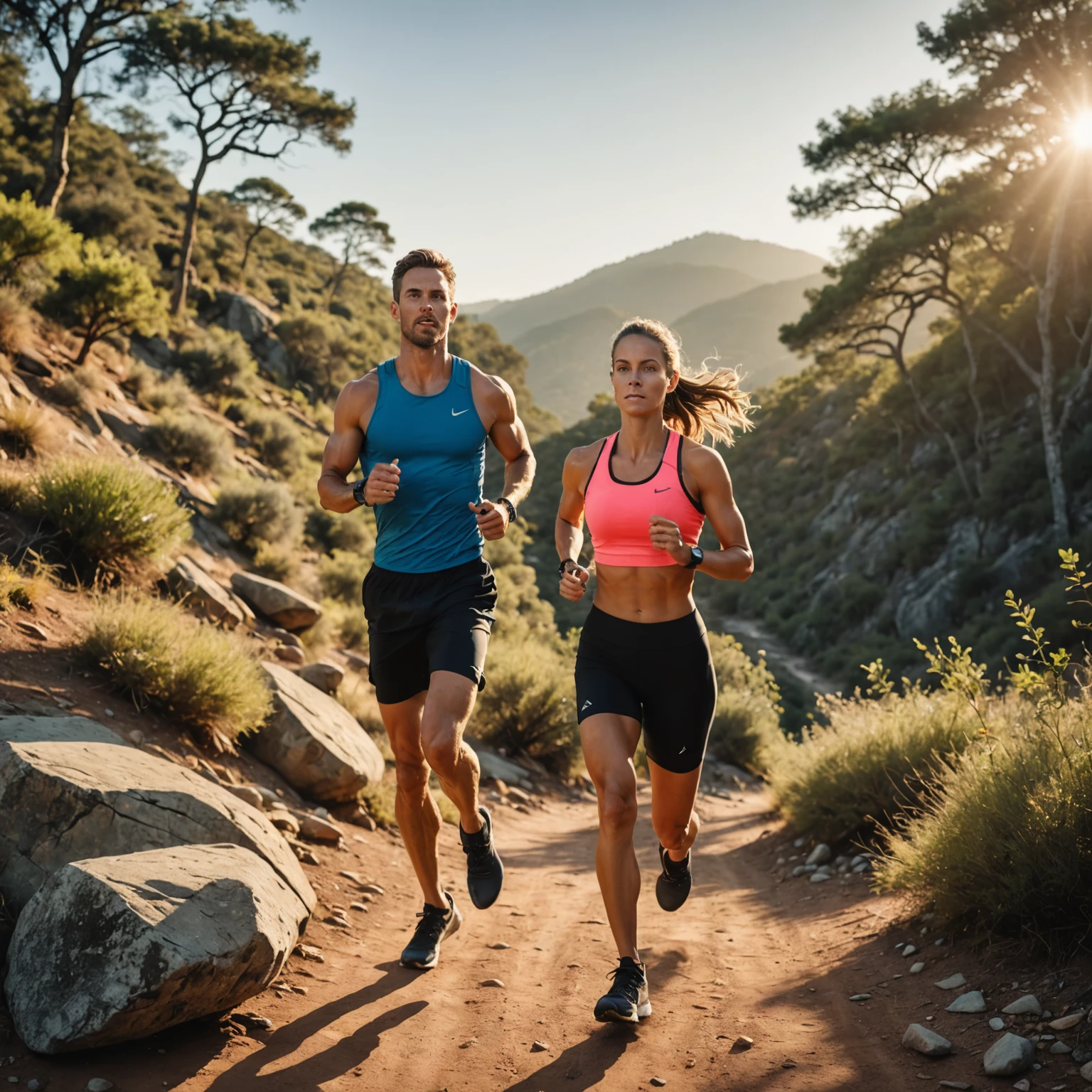 Two athletes running outdoors at sunrise with a balanced snack and water bottles in the foreground, representing nutrition fueling endurance and strength.