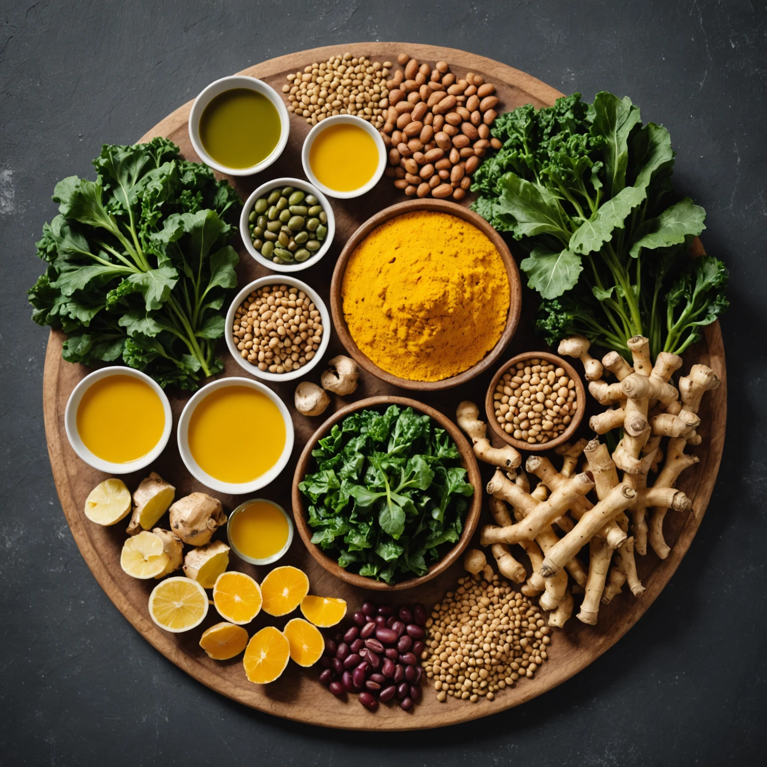 Assortment of fresh anti-inflammatory ingredients including turmeric, ginger, leafy greens, legumes, and olive oil arranged on a wooden board.