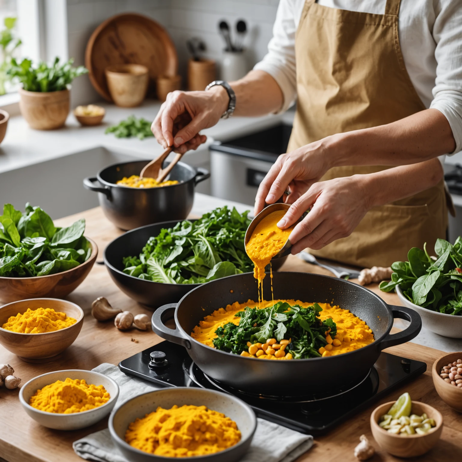 Person cooking an anti-inflammatory protein meal with turmeric, ginger, leafy greens, and legumes in a bright, modern kitchen.
