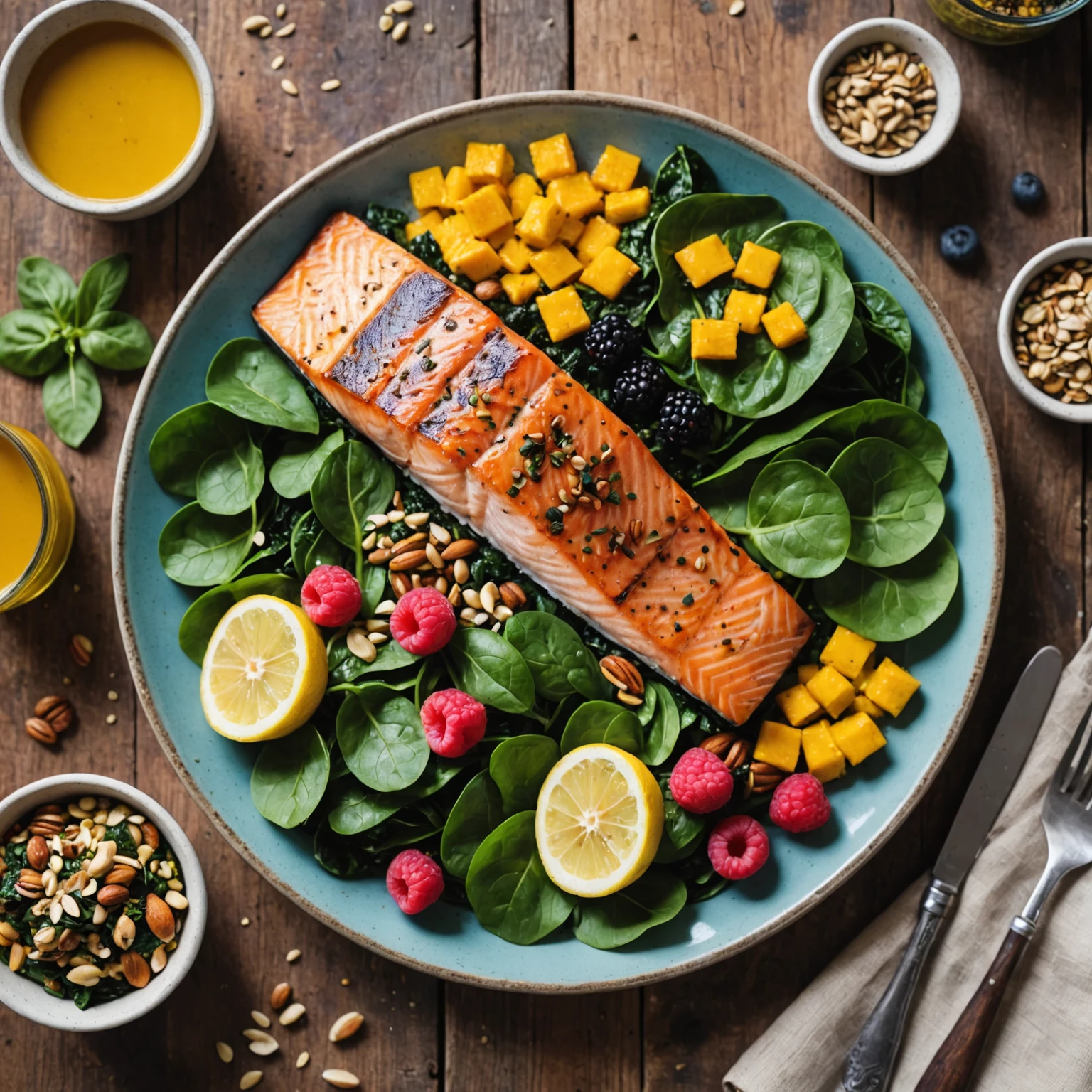 Hero image of a nutritious and colorful fitness meal highlighting lesser-known nutrients with salmon, spinach, berries, nuts, and spices on a rustic table.