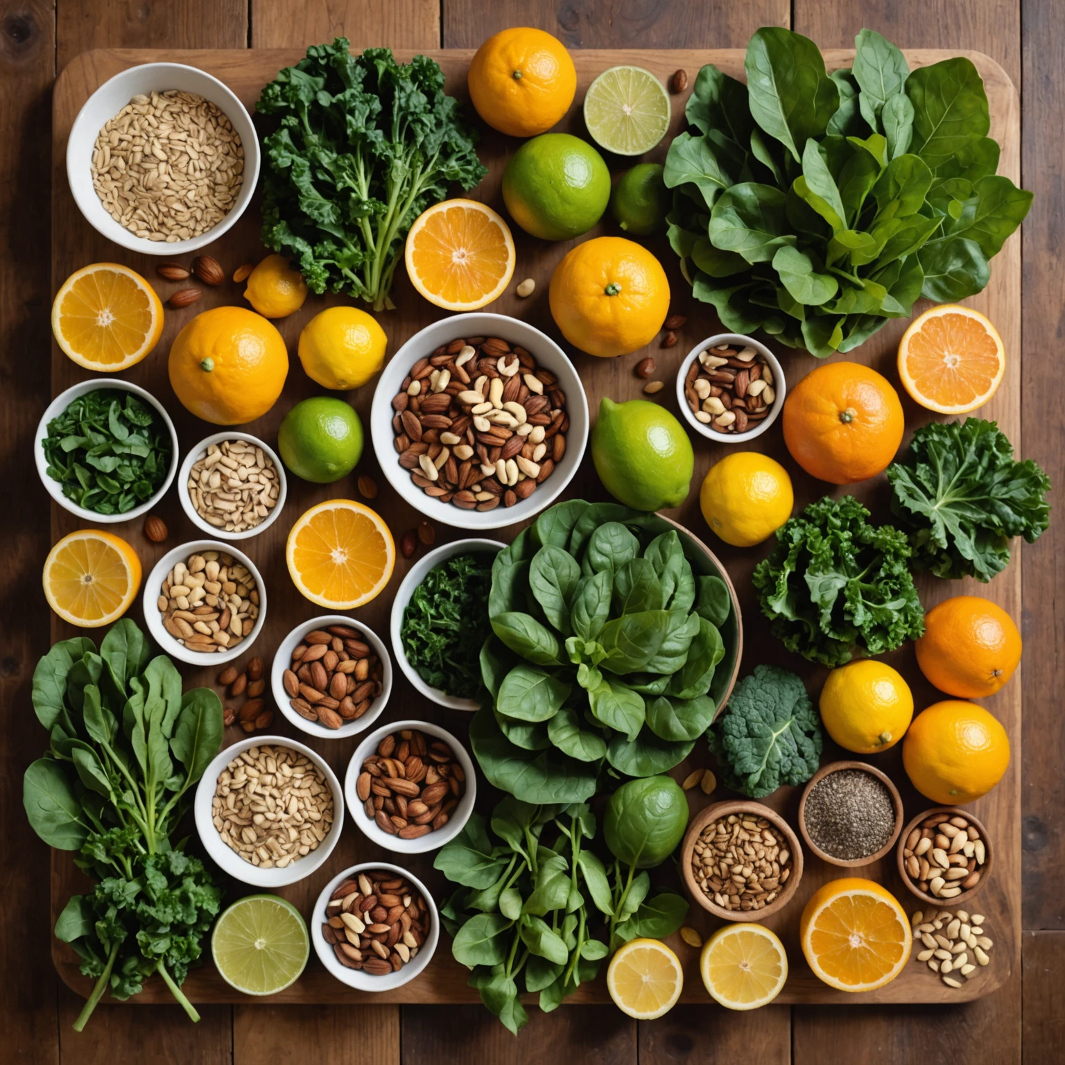 Close-up of various micronutrient-rich whole foods including leafy greens, nuts, seeds, and citrus fruits arranged artistically on a wooden surface.