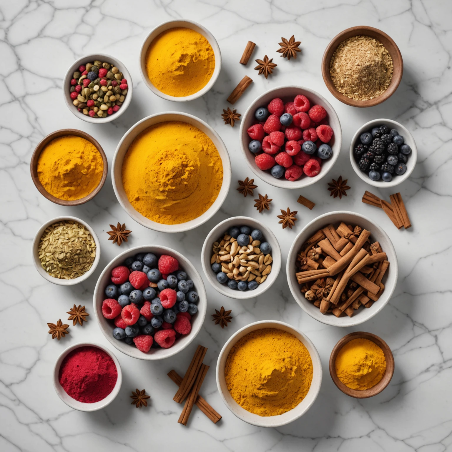 Photo showing natural antioxidant-rich ingredients including berries, turmeric, ginger, and colorful spices on a marble countertop.