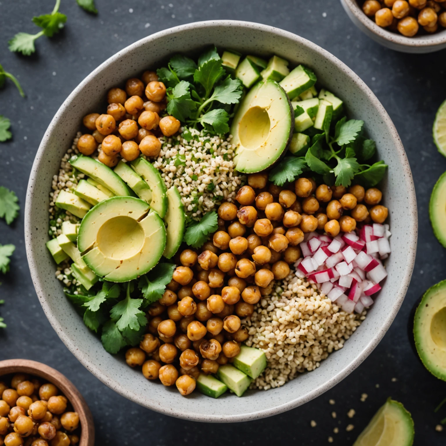 Close-up of a protein power bowl highlighting diverse textures such as crunchy chickpeas, creamy avocado, and fresh vegetables.