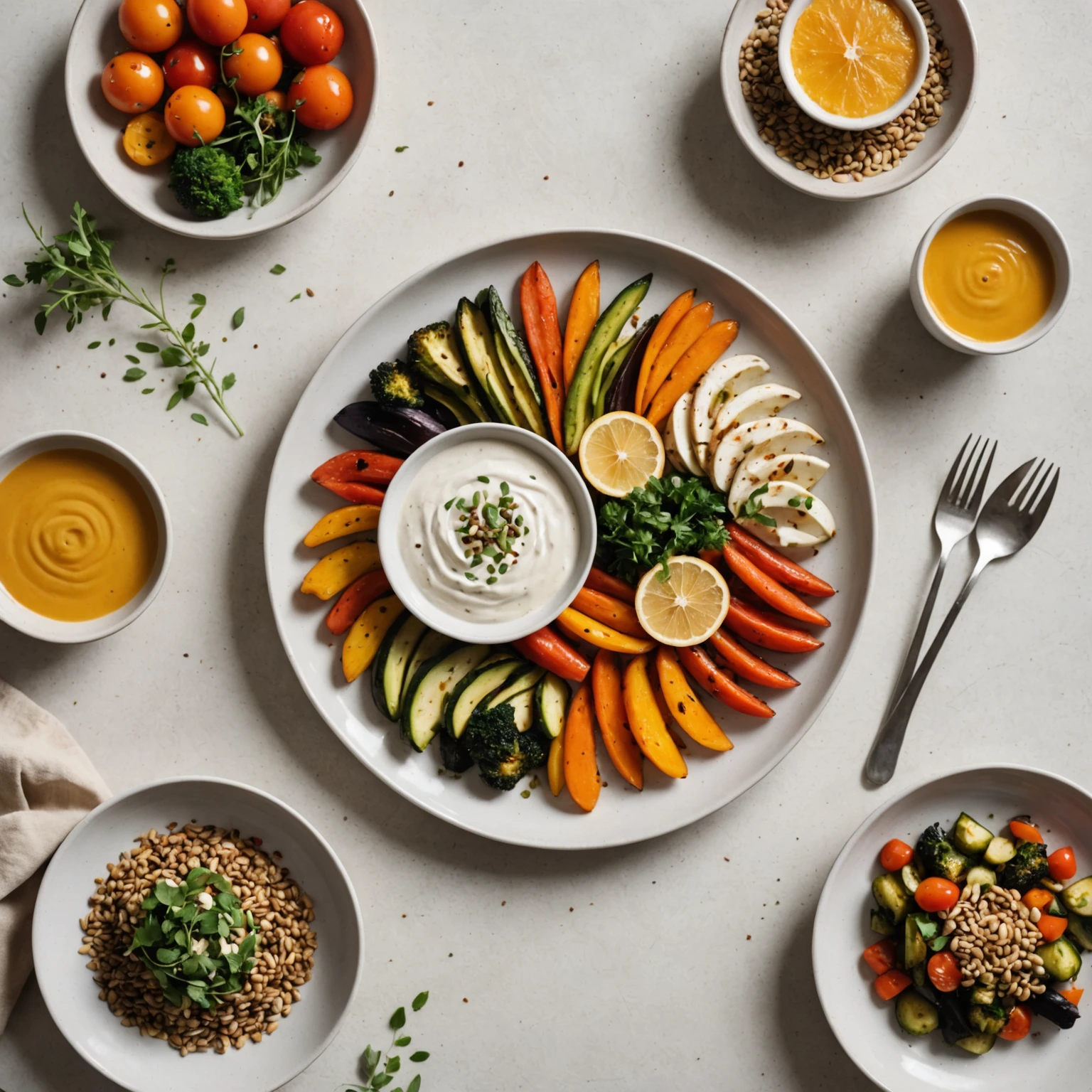 Plate displaying small, balanced portions of protein and vegetables with a creamy dip, arranged to promote mindful eating.