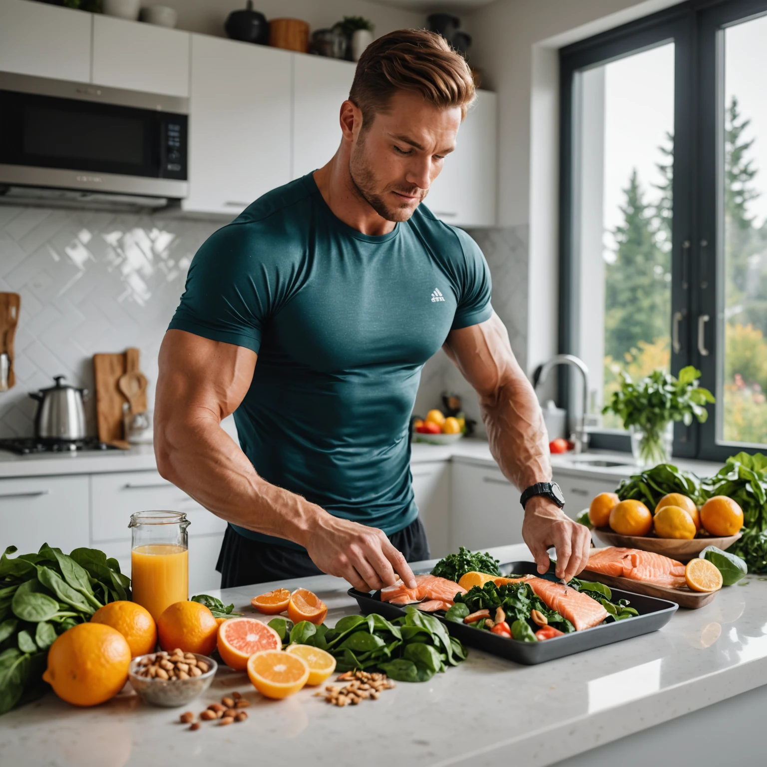 Muscular athlete preparing a nutrient-rich meal with salmon, spinach, nuts, and citrus fruits in a bright kitchen, symbolizing the role of micronutrients in strength training and vitality