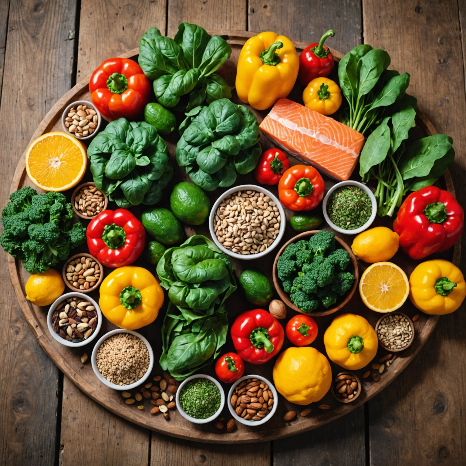 Close-up of diverse micronutrient-rich foods including leafy greens, nuts, salmon, and citrus fruits displayed on rustic wood, illustrating essential vitamins and minerals for strength training