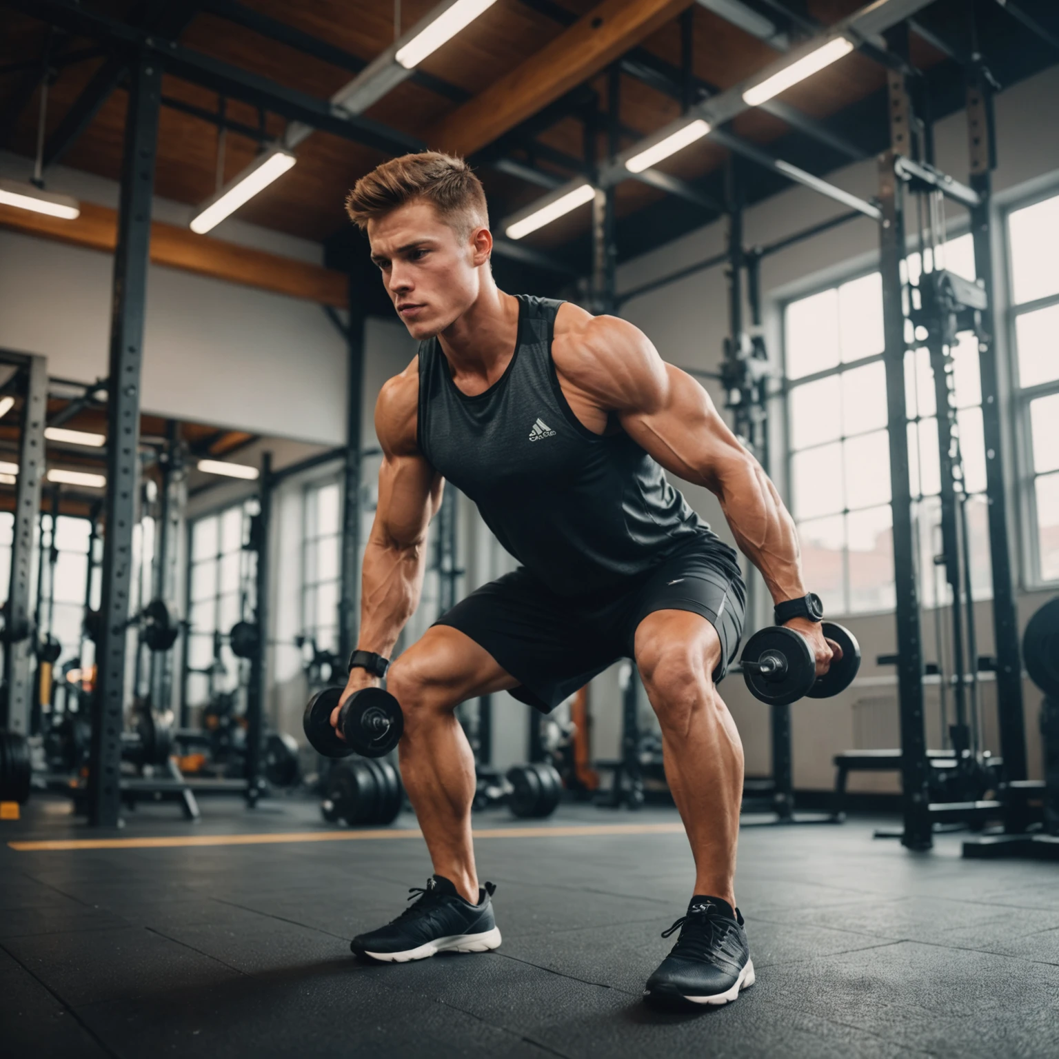 Fit athlete lifting weights in a modern gym with informational overlays illustrating the impact of micronutrients on muscle function and energy