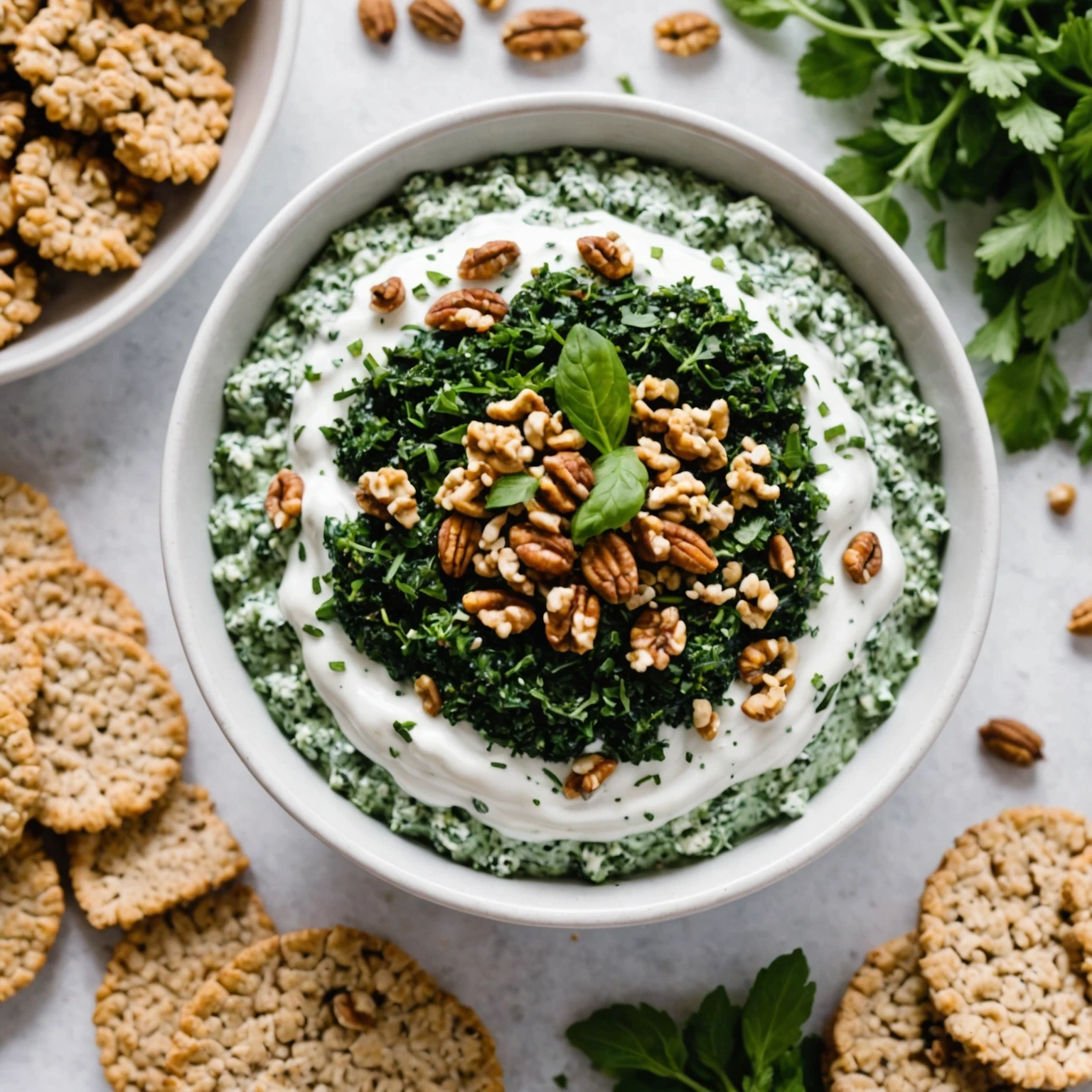 Creamy Greek Yogurt Spinach Dip with Walnut and Herb Crumble