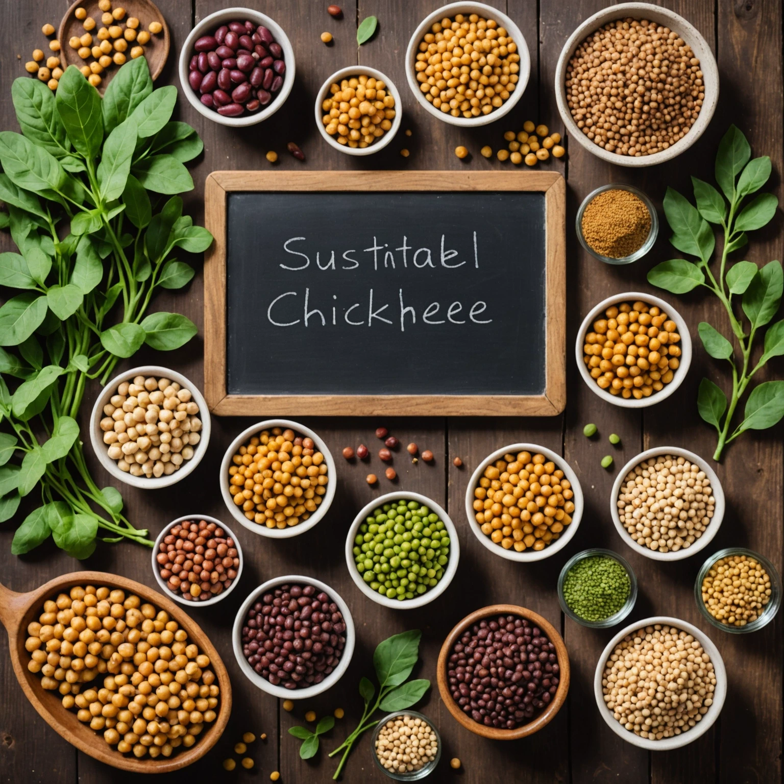 Assorted fresh legumes on rustic wood with a chalkboard sign highlighting sustainable protein sources
