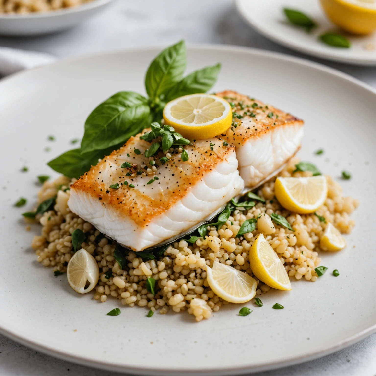 Close-up of lemon basil baked cod with garlic quinoa on a white plate, highlighting sustainable seafood meal