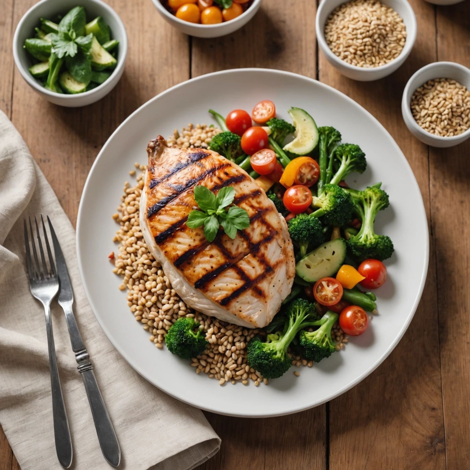 Grilled lean poultry breast with vegetables and grains on a ceramic plate symbolizing nutritious sustainable protein