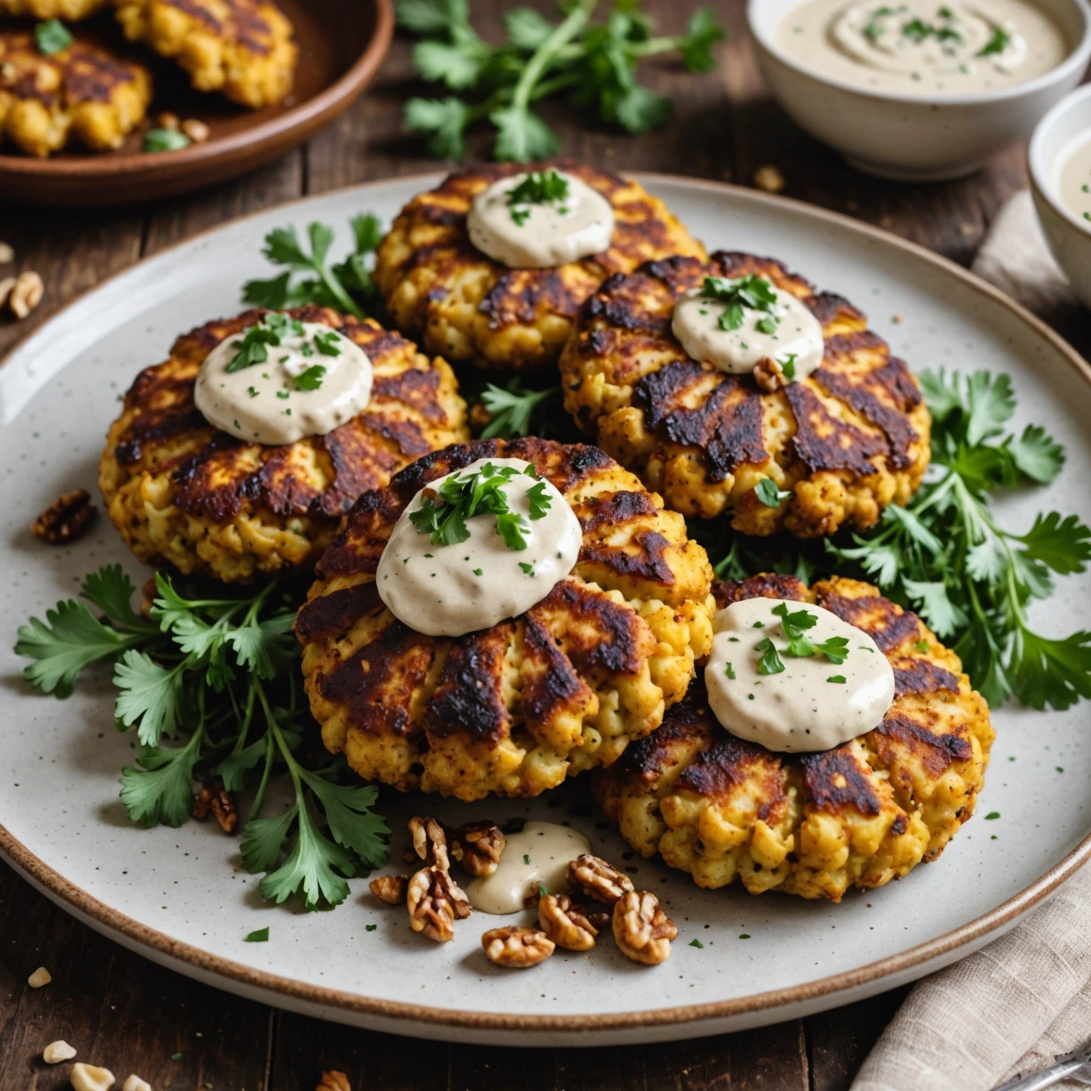 Paleo Spiced Cauliflower and Walnut Patties with Tahini Drizzle