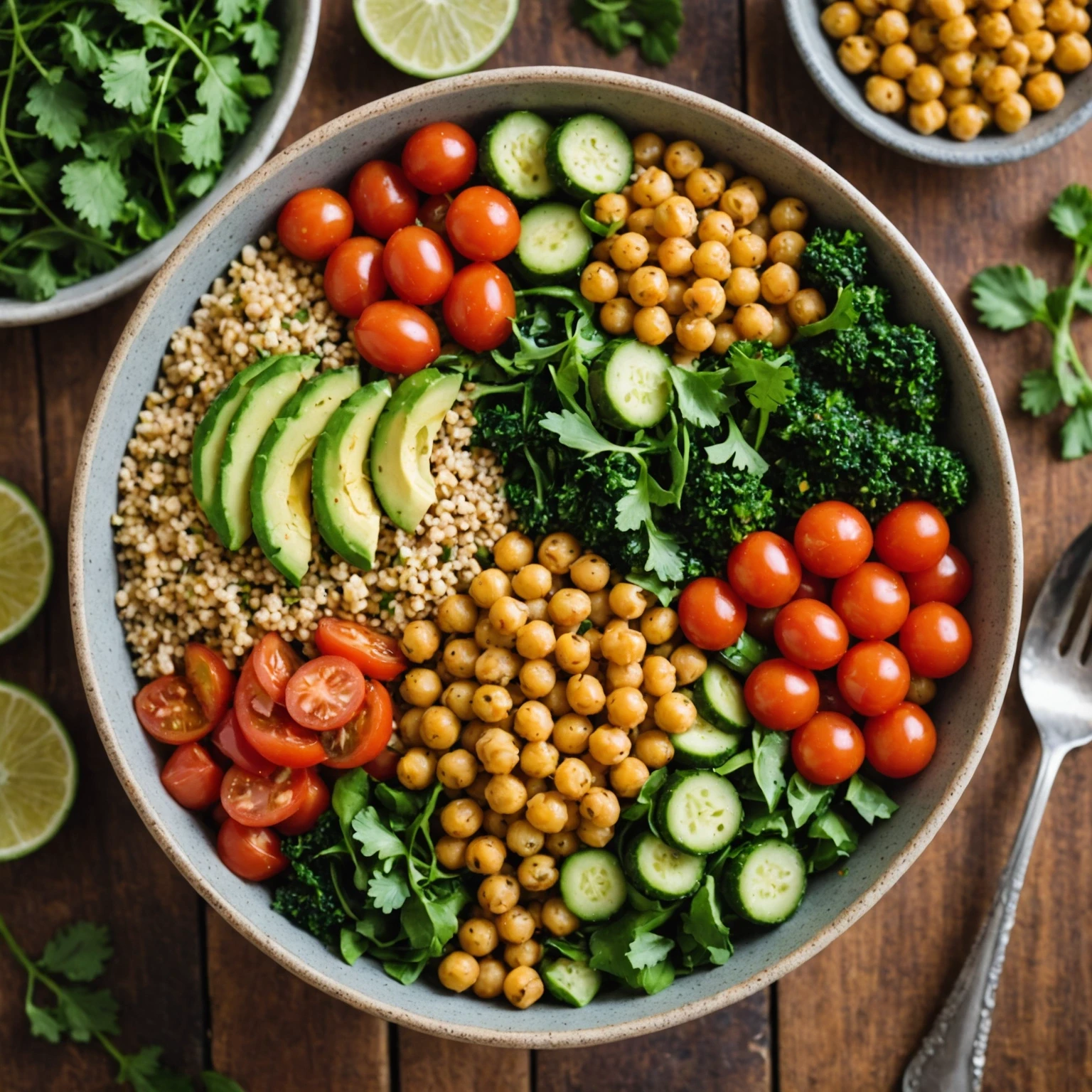 Colorful protein-rich Mediterranean power bowl with a glass of water highlighting hydration and nutrition