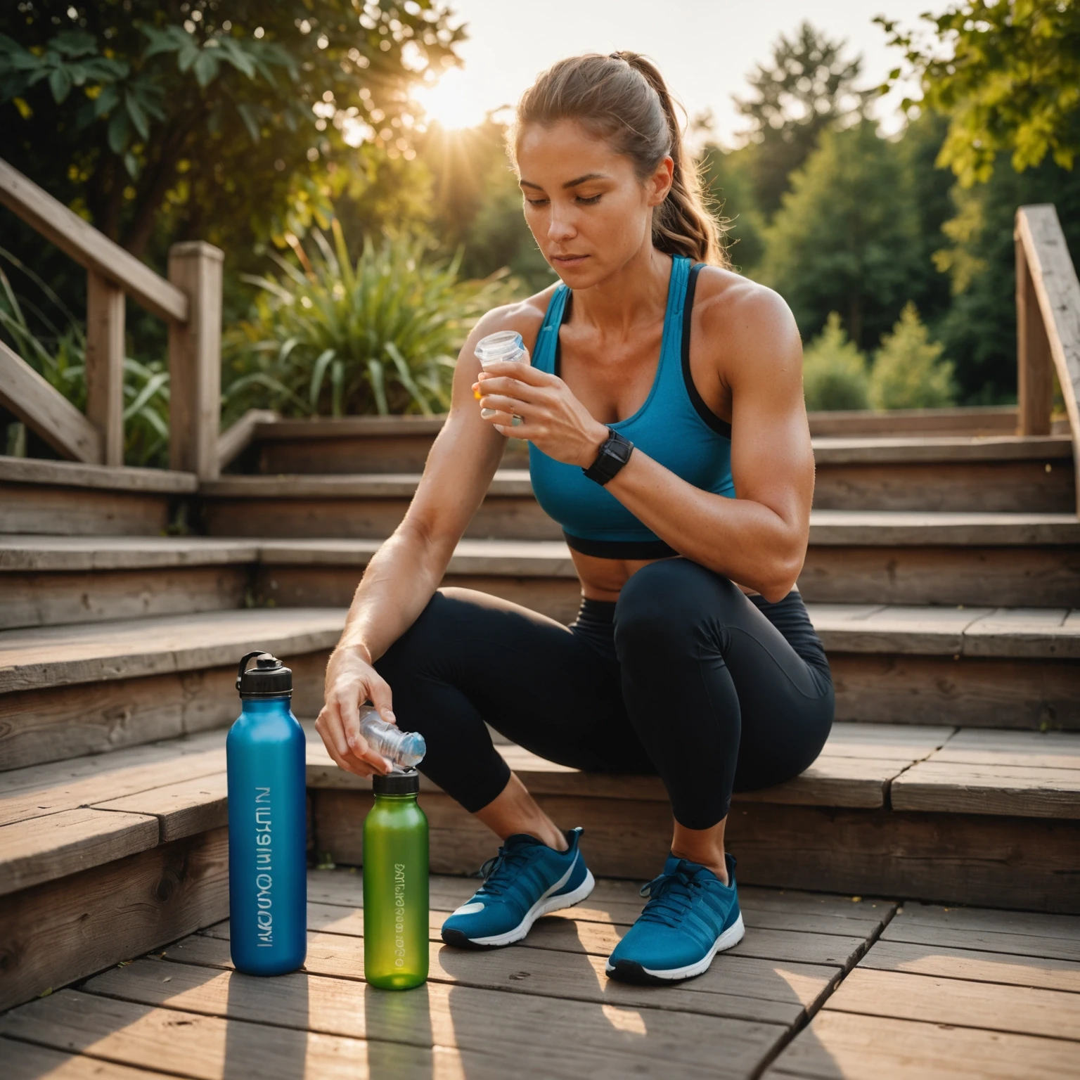 Athlete outdoors measuring water intake with fresh hydrating fruits nearby, illustrating practical hydration strategies