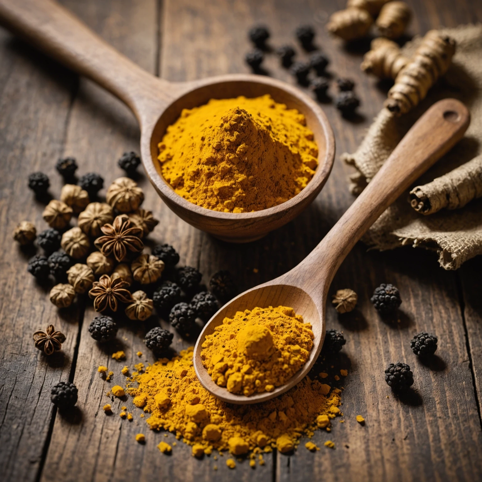 Close-up photo of turmeric powder and black peppercorns on wooden surface, illustrating their synergy in boosting nutrient absorption