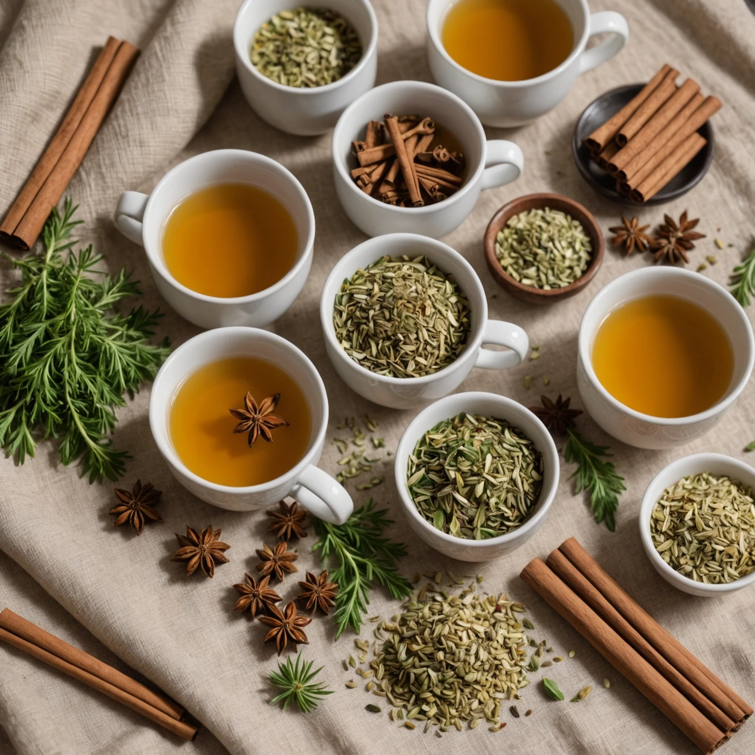 A soothing composition of fresh digestive herbs and herbal teas, representing natural support for gut health and digestion
