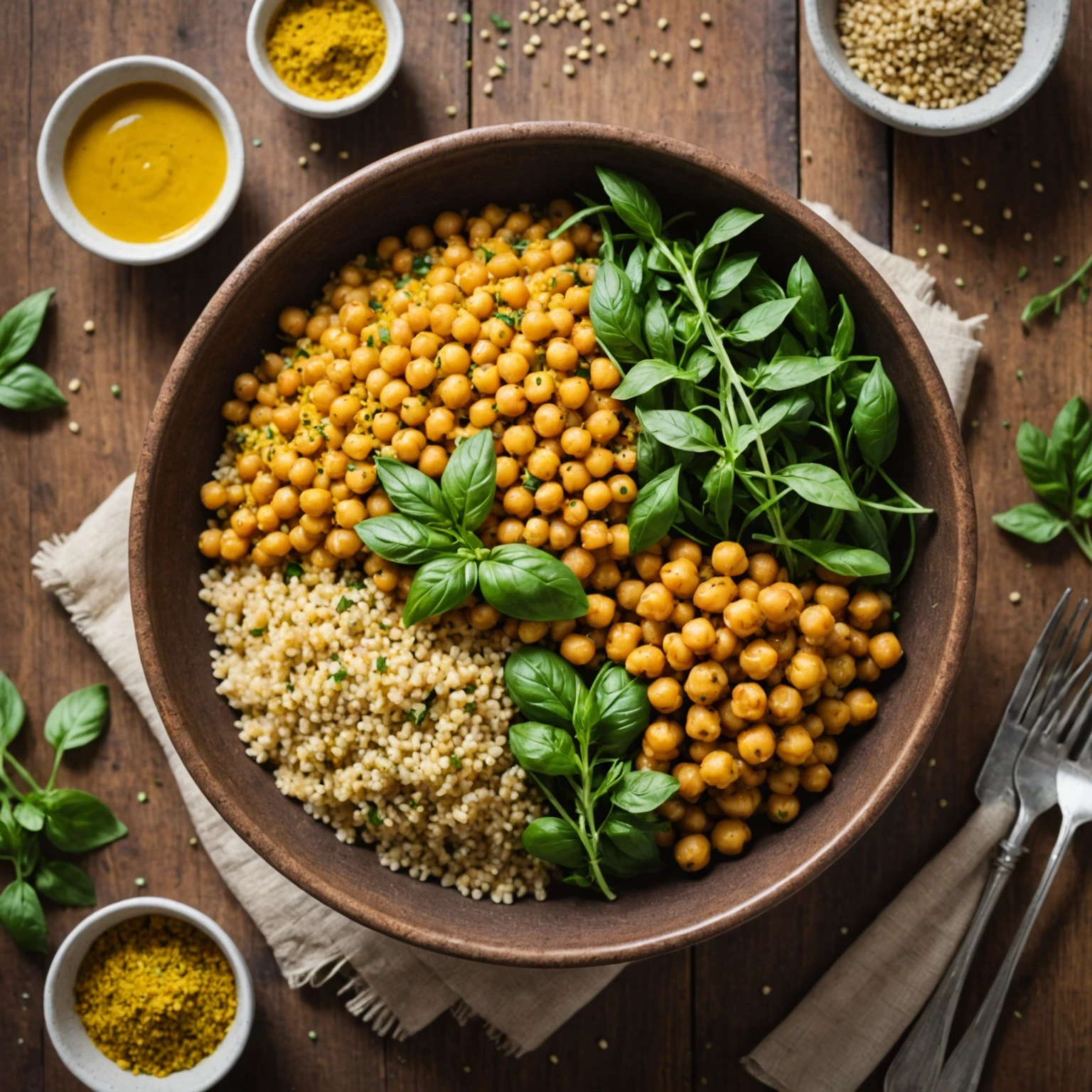 Overhead photo of a Mediterranean quinoa and chickpea bowl seasoned with fresh herbs and spices, illustrating nutritious meals enhanced by culinary herbs