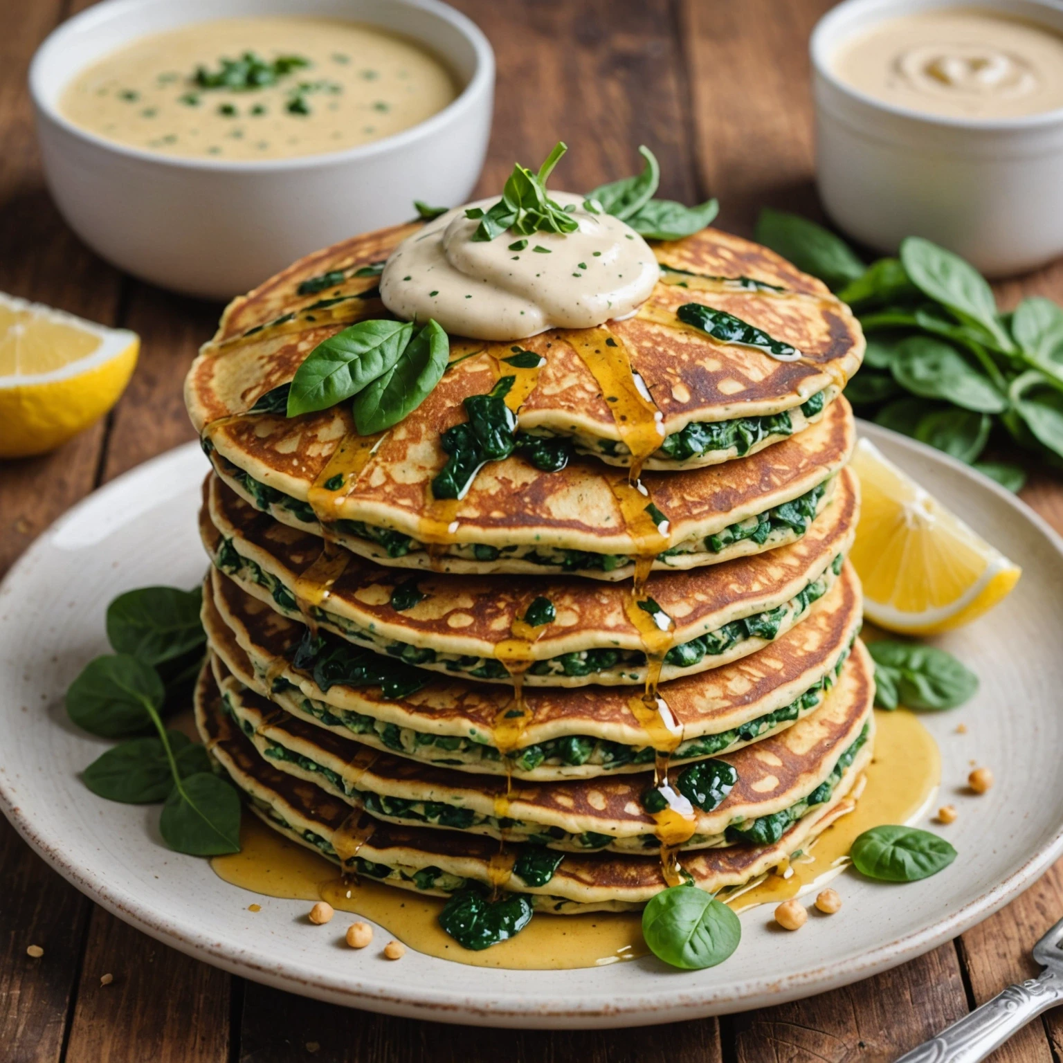 Mediterranean Chickpea and Spinach Savory Protein Pancakes with Tahini Drizzle