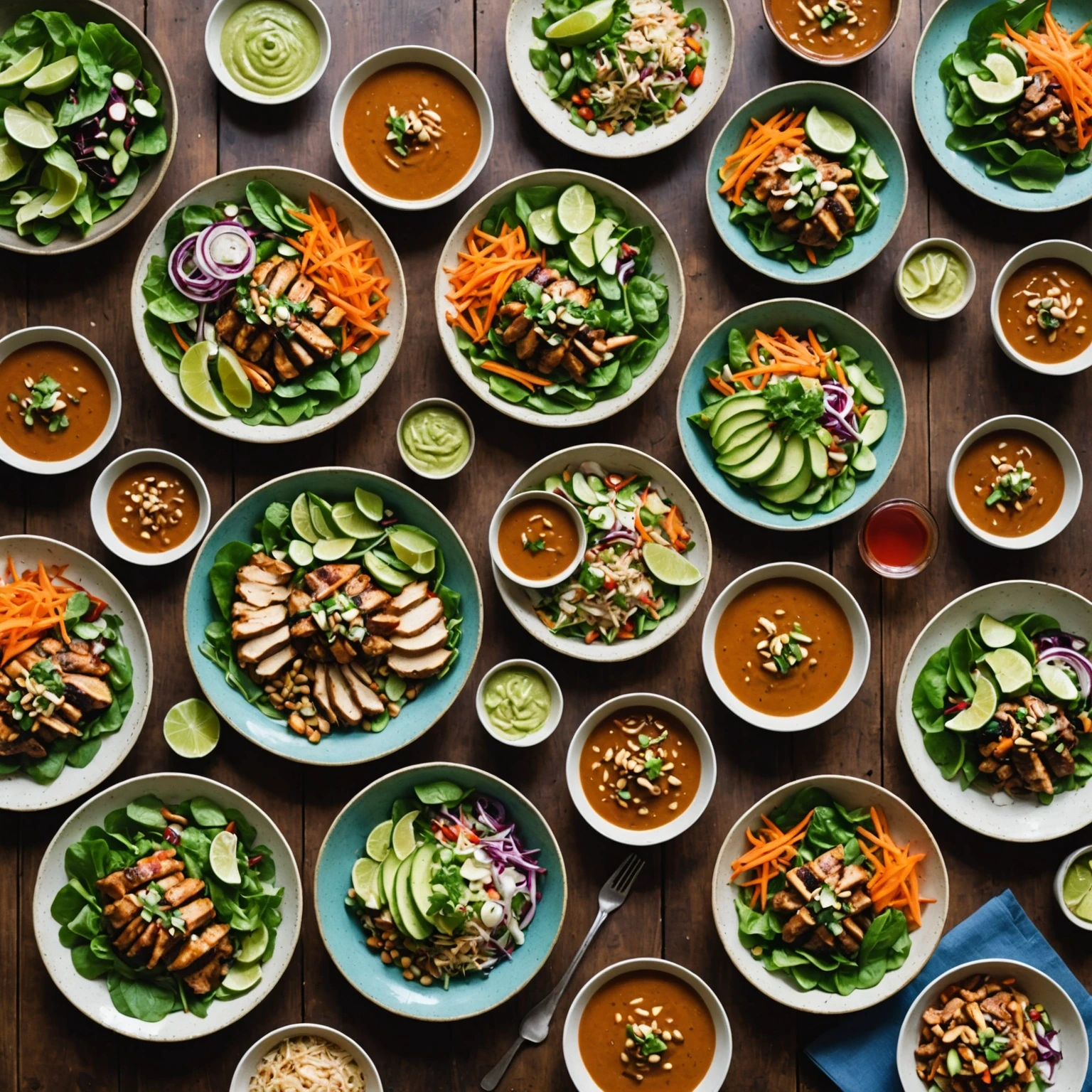 A table spread of protein-packed meals including Thai peanut chicken wraps and spicy beef salad showcasing contrasting textures and vibrant colors