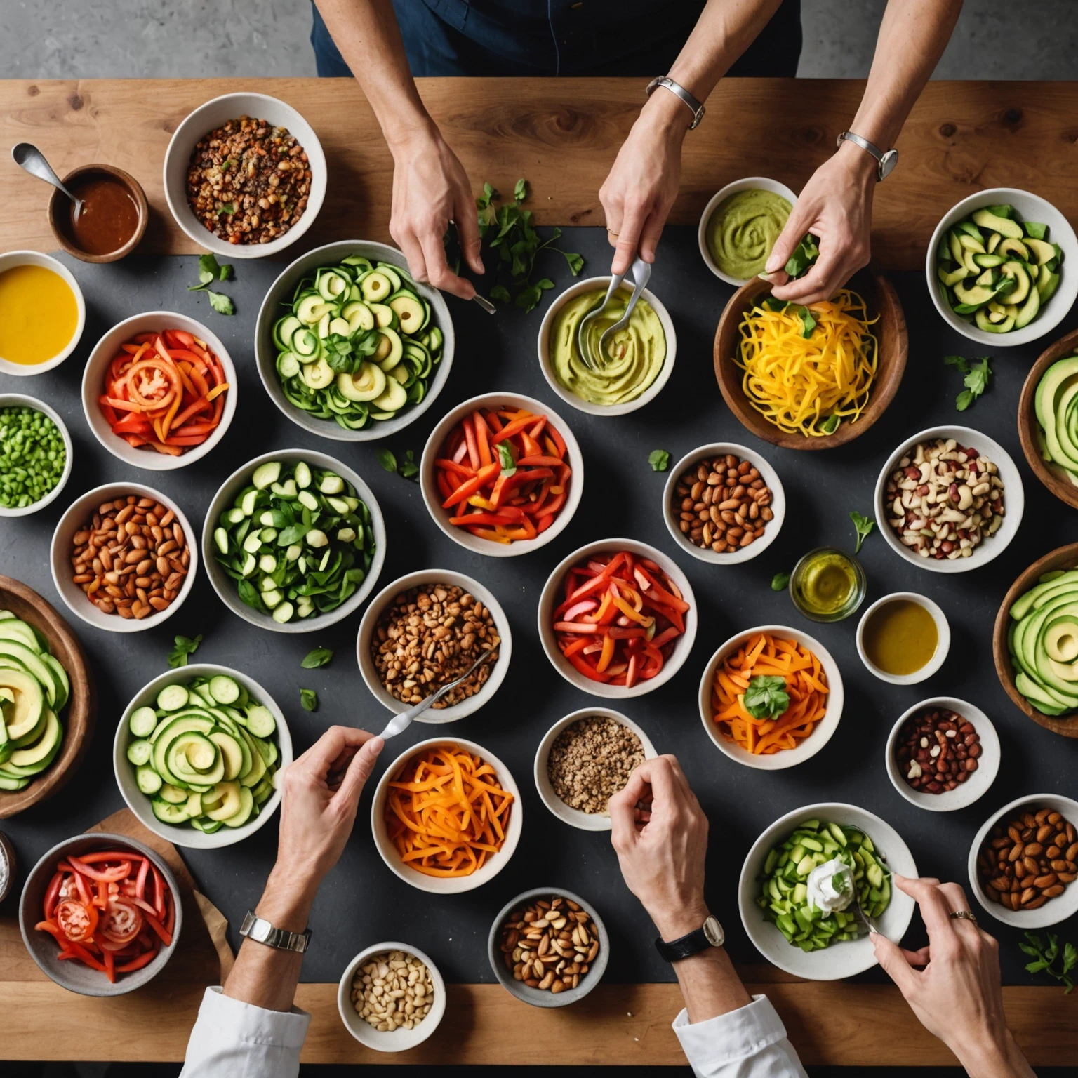 Flat lay of fresh protein meal ingredients arranged for healthy cooking with spiralized vegetables, nuts, avocado, and grilled meat