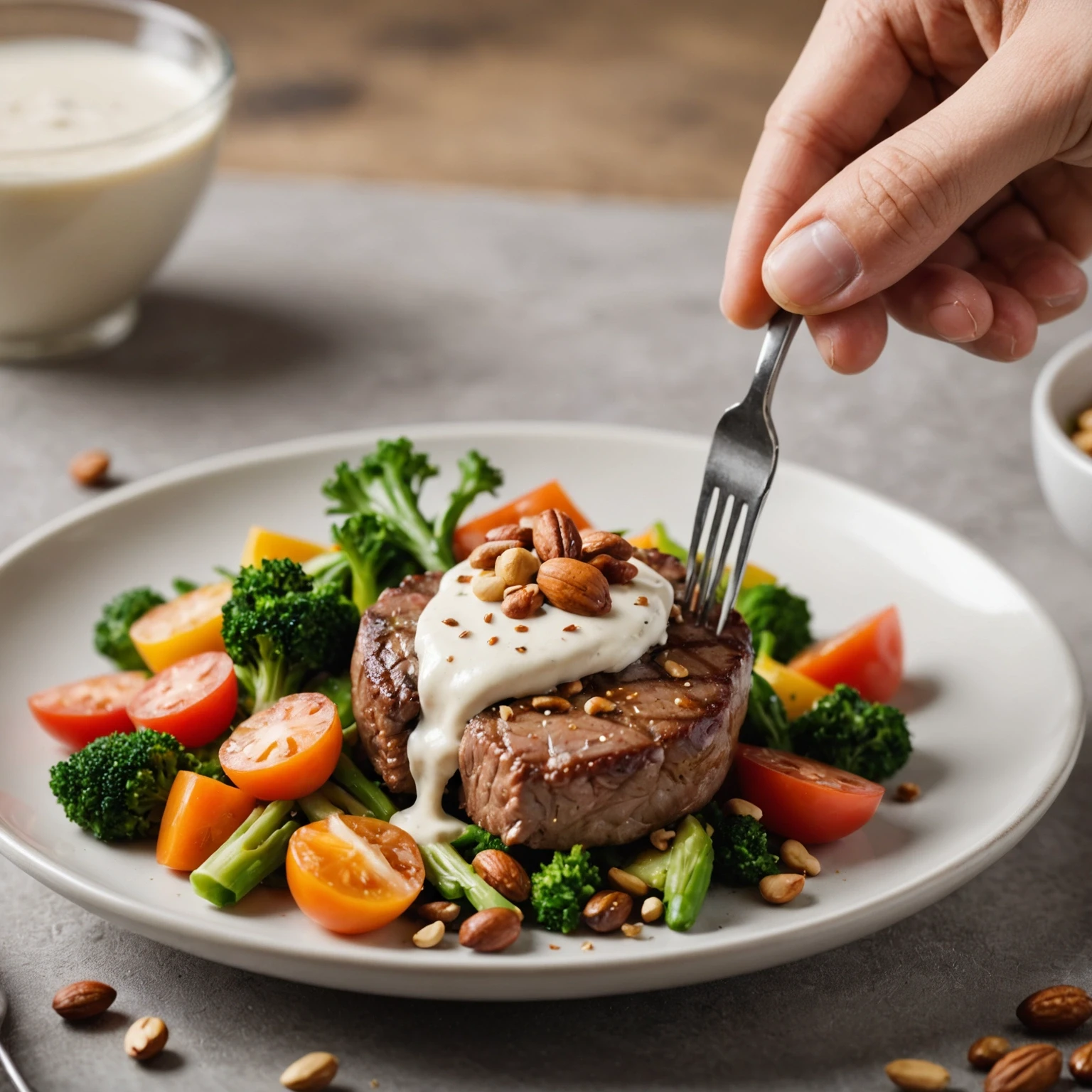 Close-up of a fork with a bite combining tender meat, crunchy vegetables, creamy dressing, and nuts showcasing diverse textures in a healthy meal