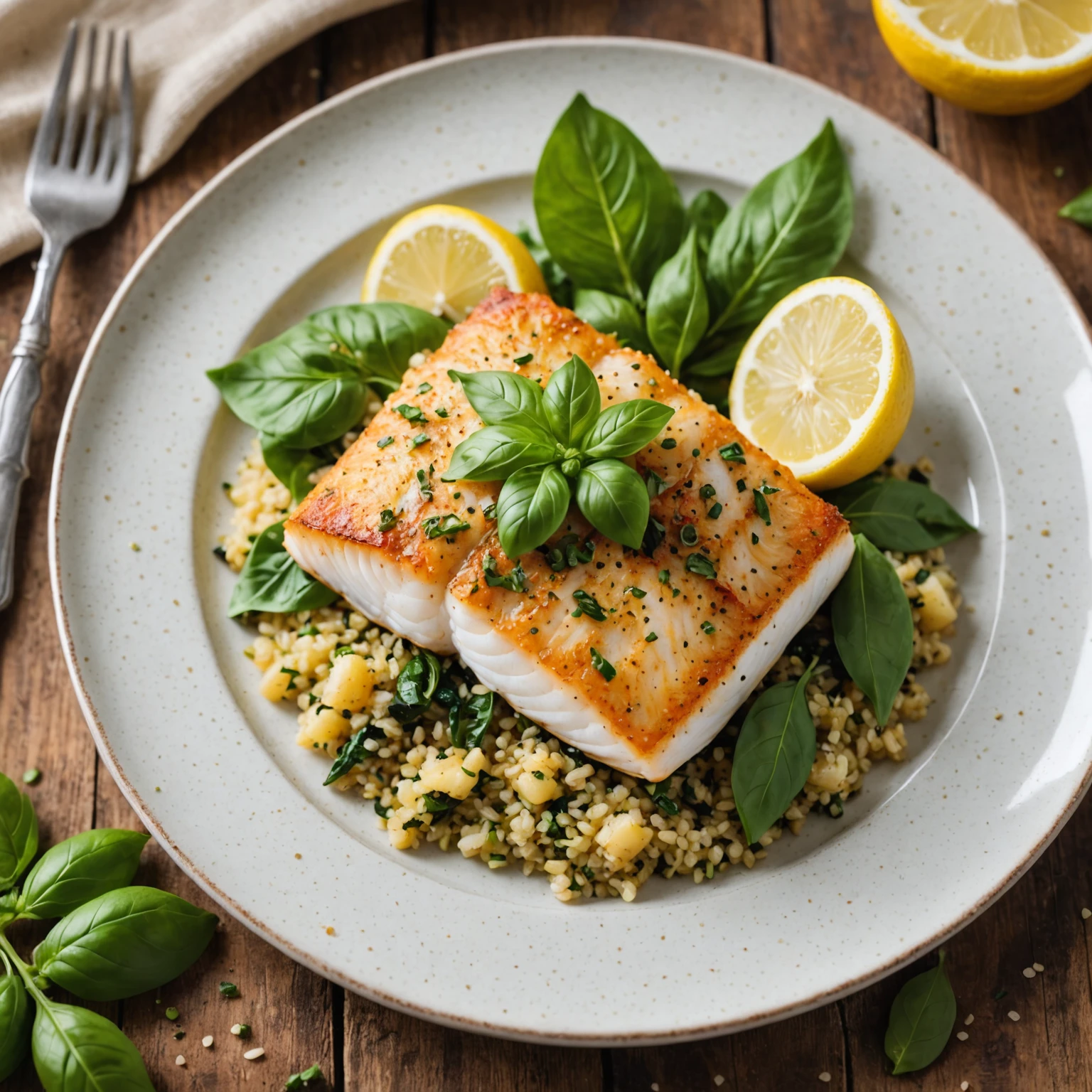 Lemon Basil Baked Cod with Garlic Quinoa