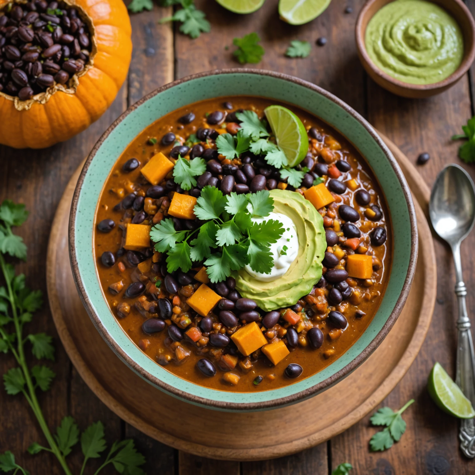 Spiced Pumpkin and Black Bean Chili with Creamy Avocado Sauce