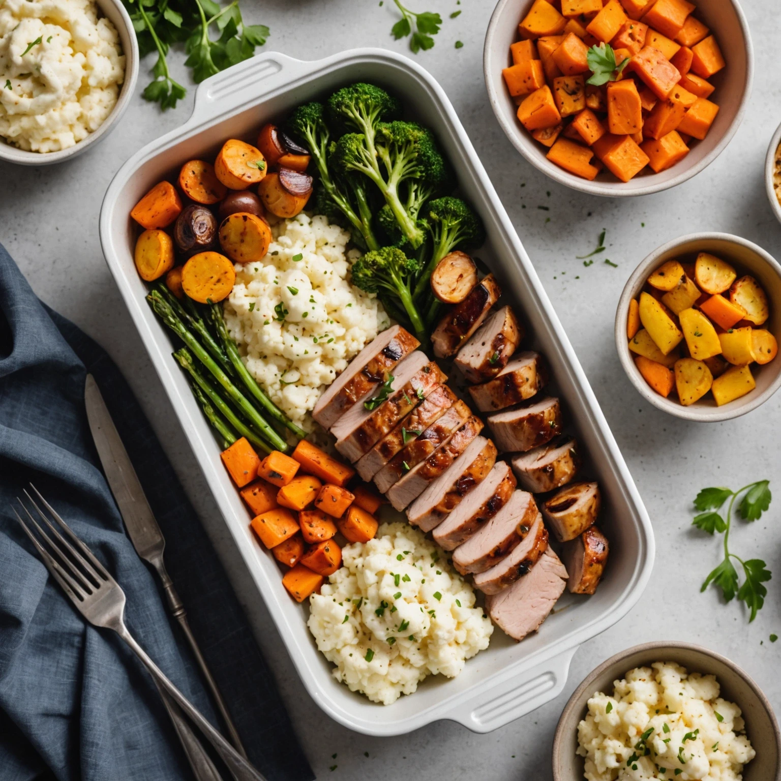 Close-up photo of a meal prep container with smoky paprika garlic pork tenderloin, cauliflower mash, and roasted vegetables