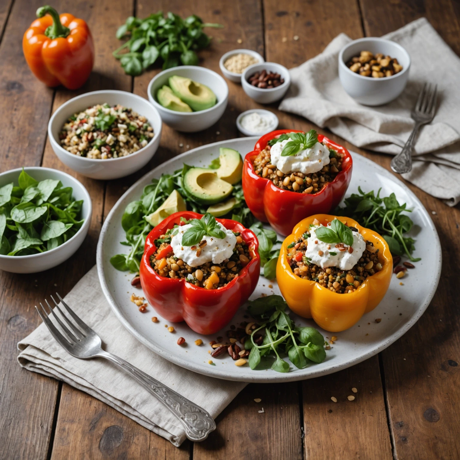 Mediterranean stuffed bell peppers with quinoa and feta served with fresh salad and avocado slices on a rustic table