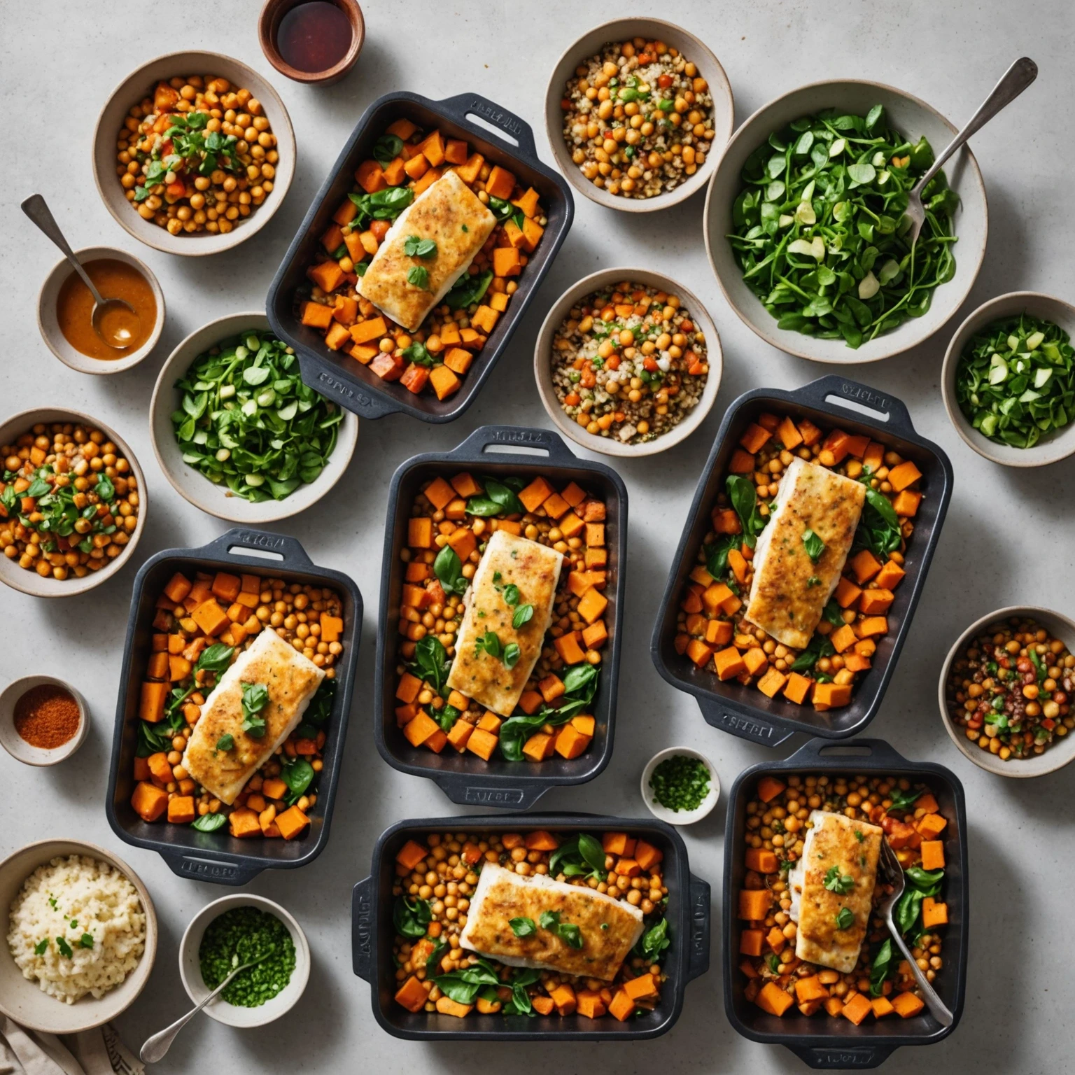 Overhead photo of batch-cooked diverse high-protein meal prep containers with fresh ingredients and cooking utensils on a kitchen island