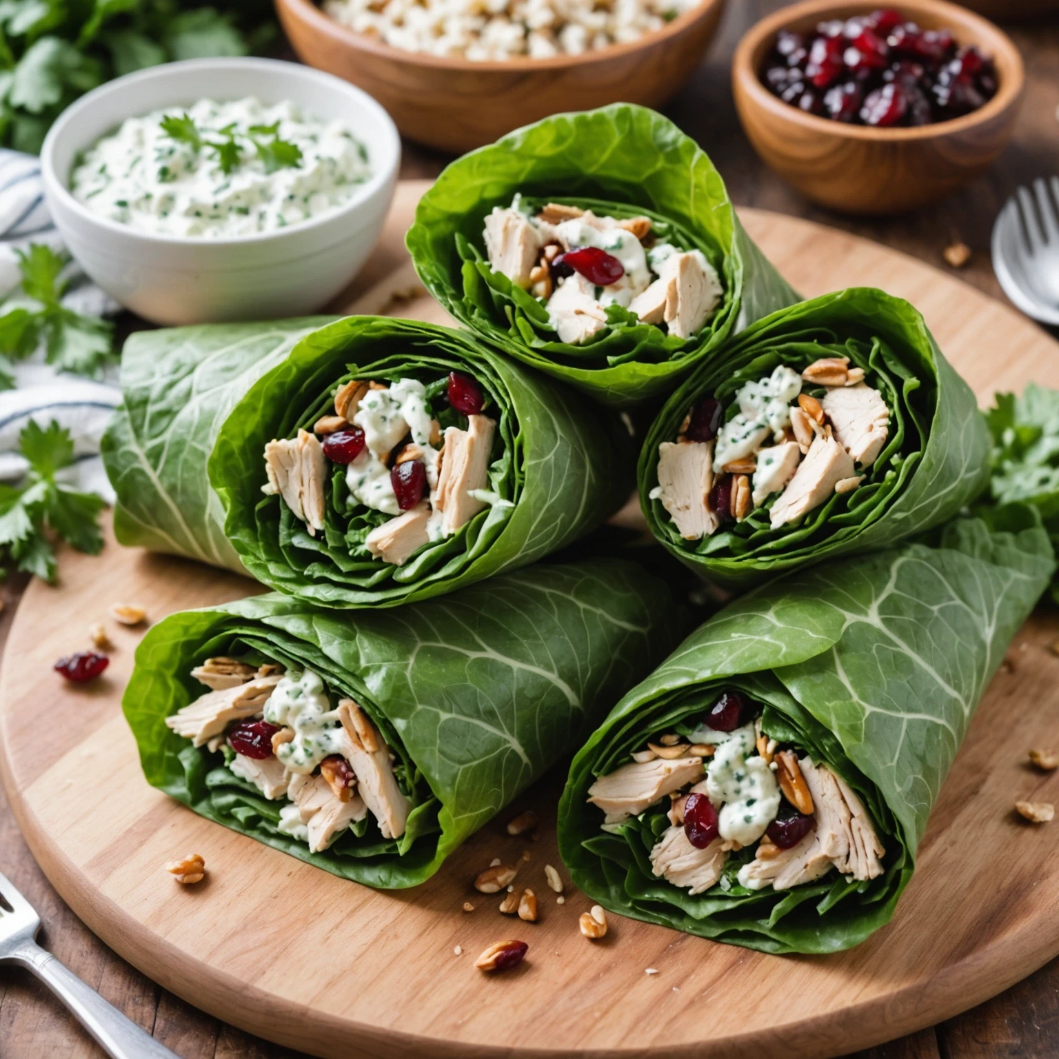 Herbed Chicken Salad with Cranberries and Walnuts in Collard Greens Wraps
