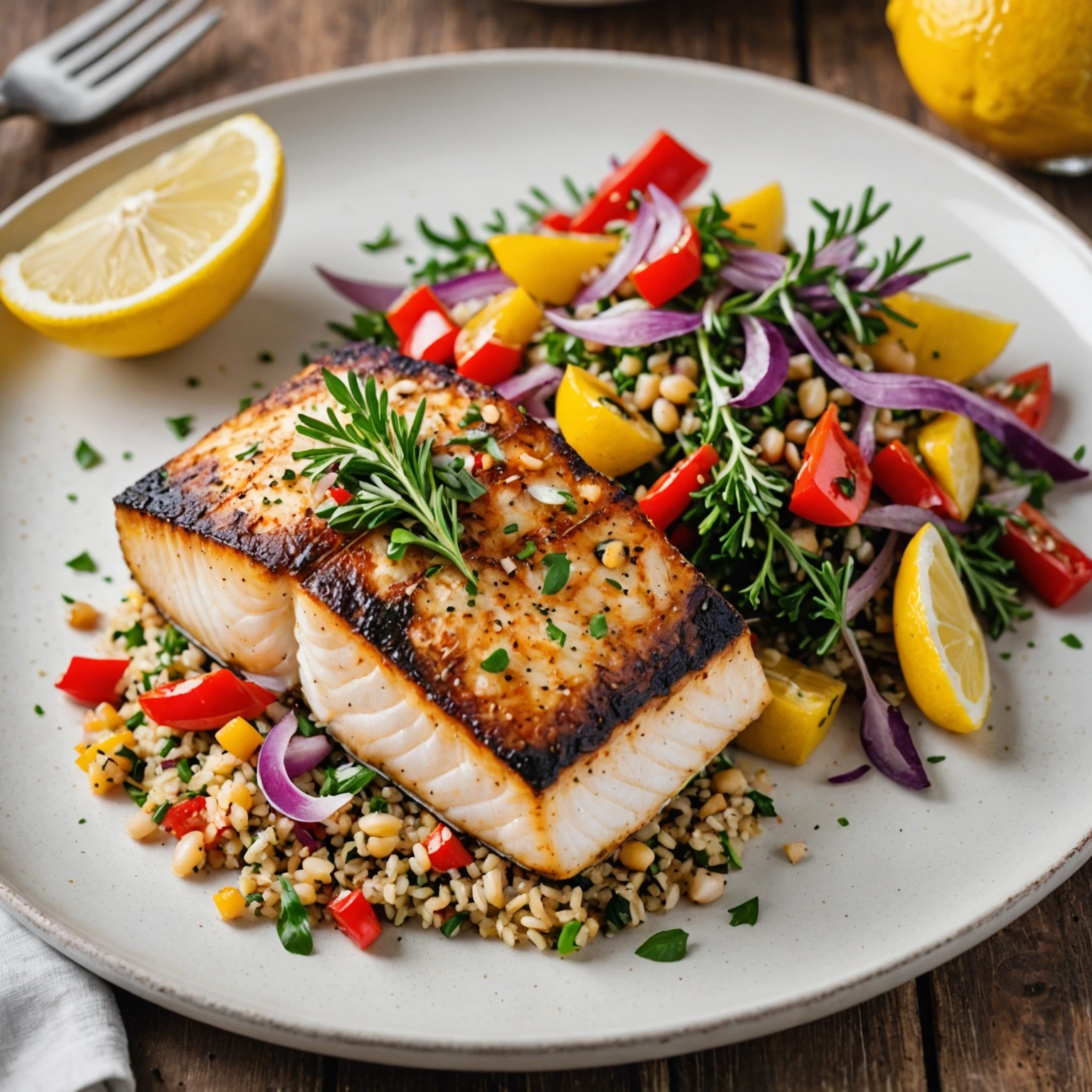 Lemon and Herb Grilled Chilean Sea Bass with Protein-Packed Quinoa Pilaf