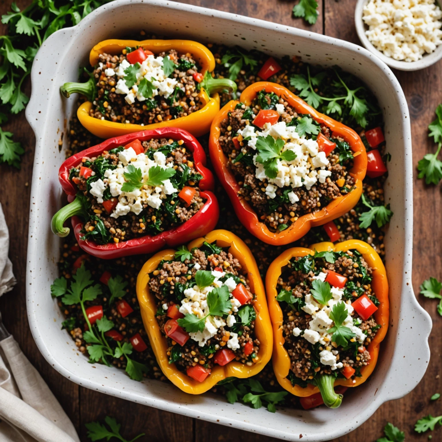 Beef and Kale Stuffed Bell Peppers with Quinoa